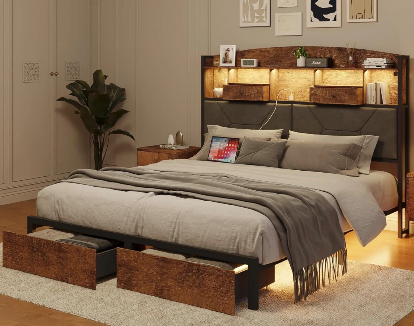 New Queen Size Bed Frame with LED Lights & Power Outlets