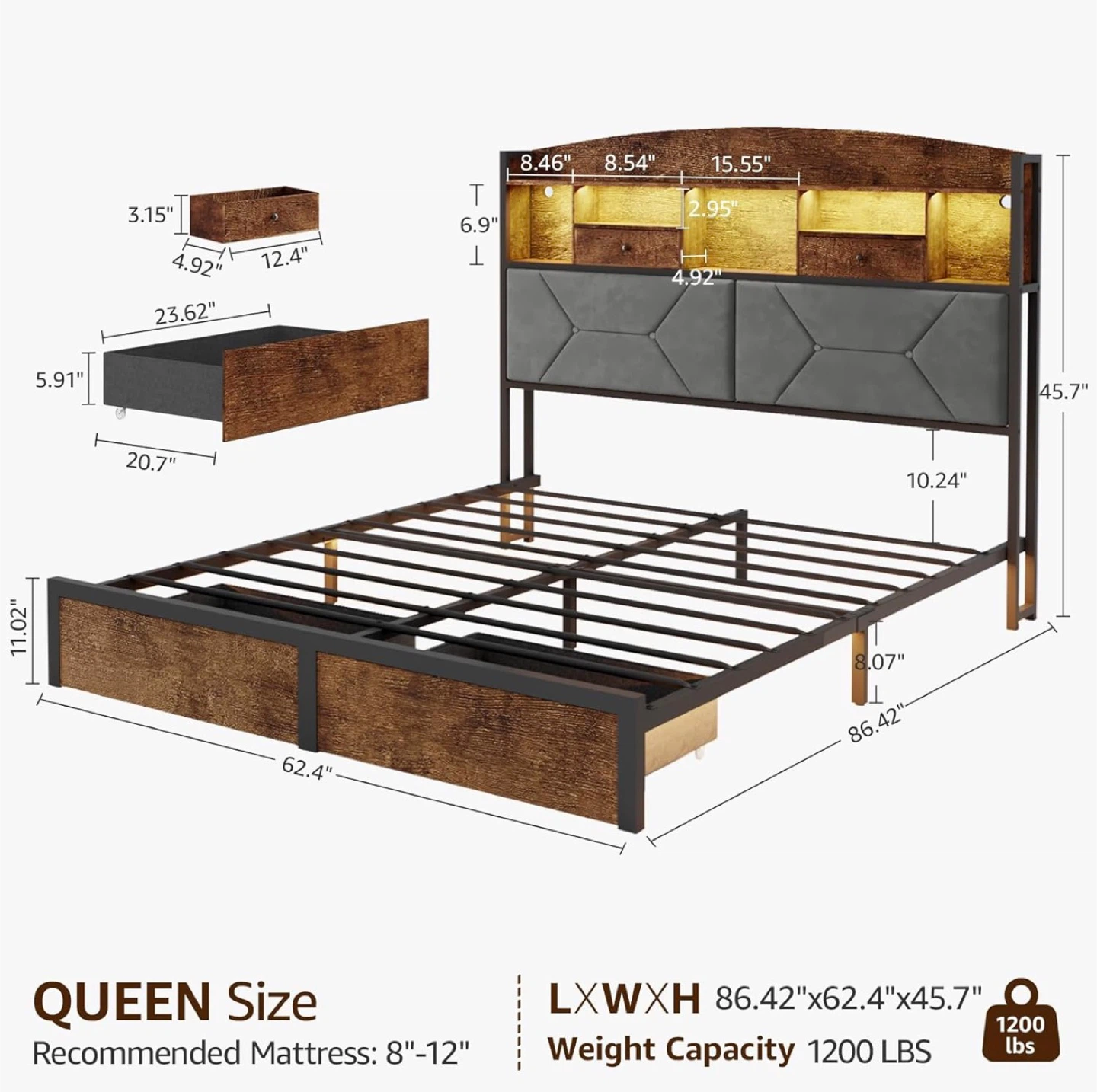 New Queen Size Bed Frame with LED Lights & Power Outlets - photo 3