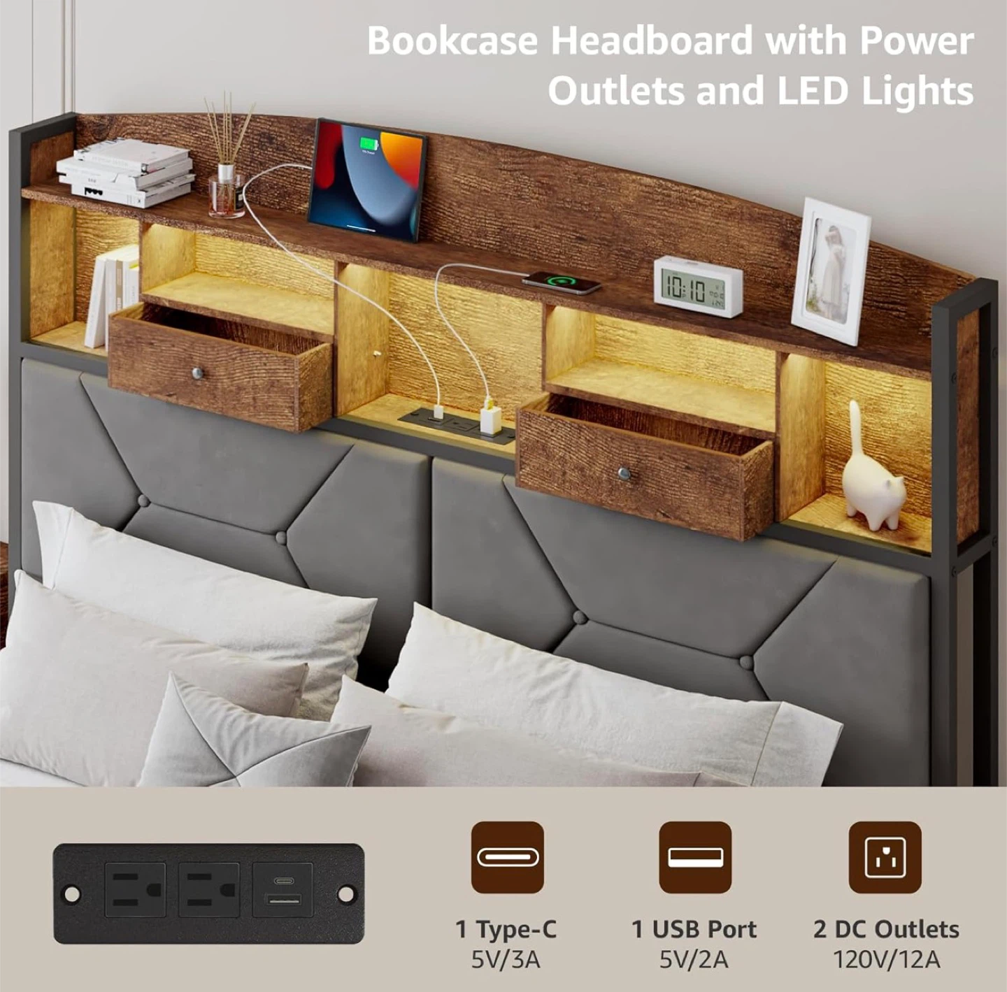 New Queen Size Bed Frame with LED Lights & Power Outlets - photo 5