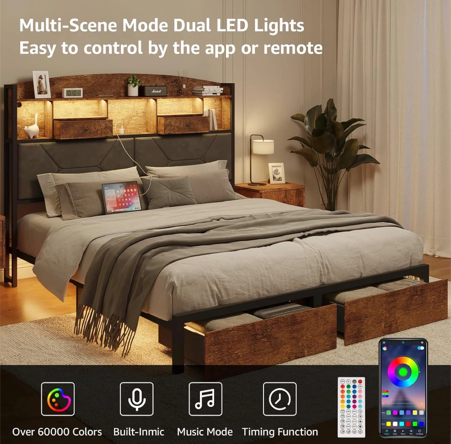 New Queen Size Bed Frame with LED Lights & Power Outlets - photo 2