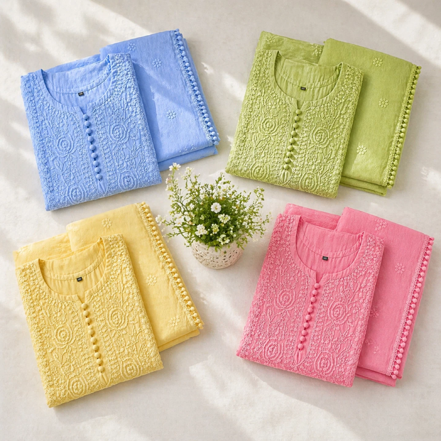 3 piece Chickenkari Suit in Various Spring colours