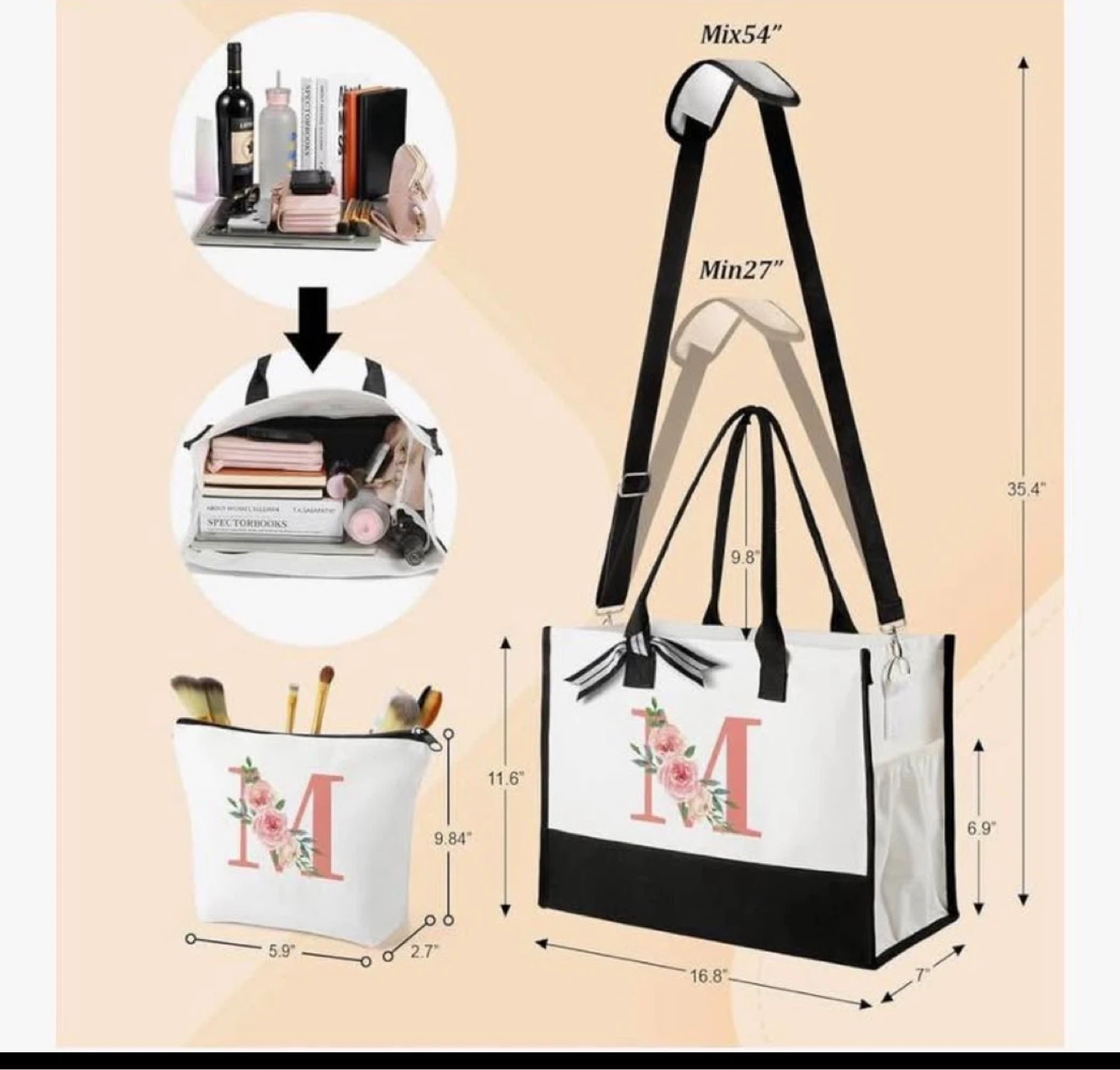 Mothers Day Gifts Large Initial Canvas Tote Bag Makeup Bag Beach - photo 3
