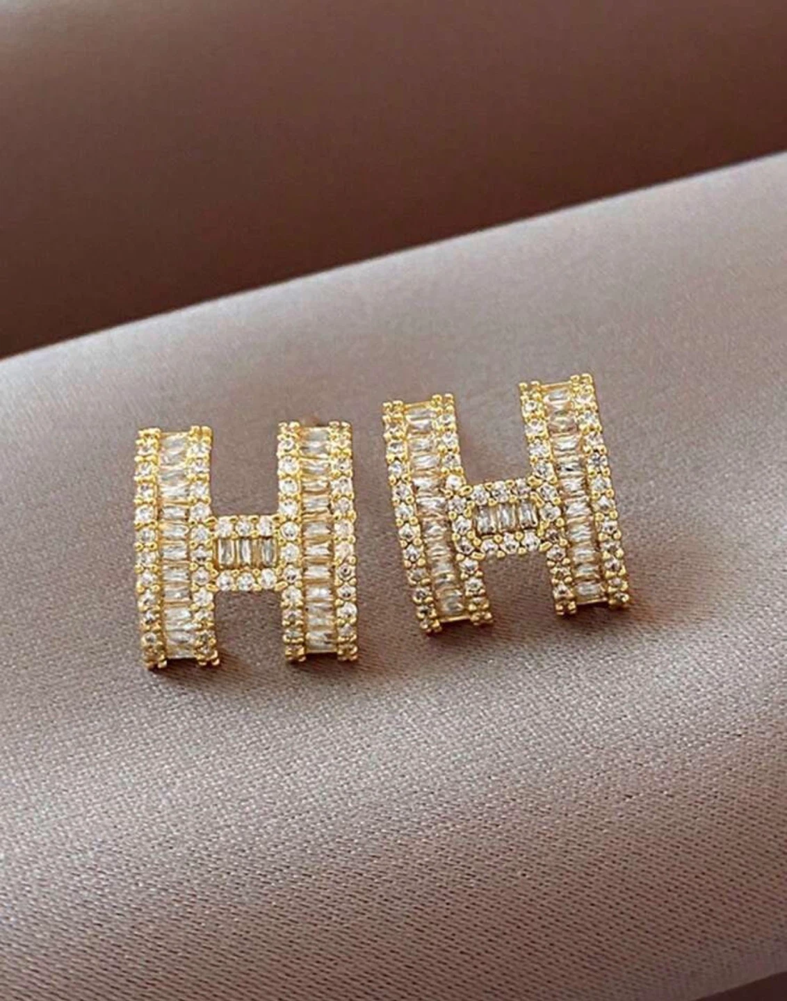 H Letter Stud Earrings & Necklace with Baguette Crystals