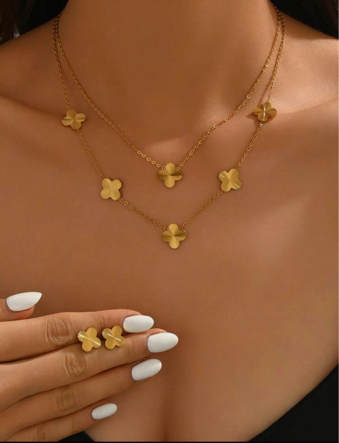Gold Clover Necklace Bracelet and Earrings 5 piece Set - photo 3