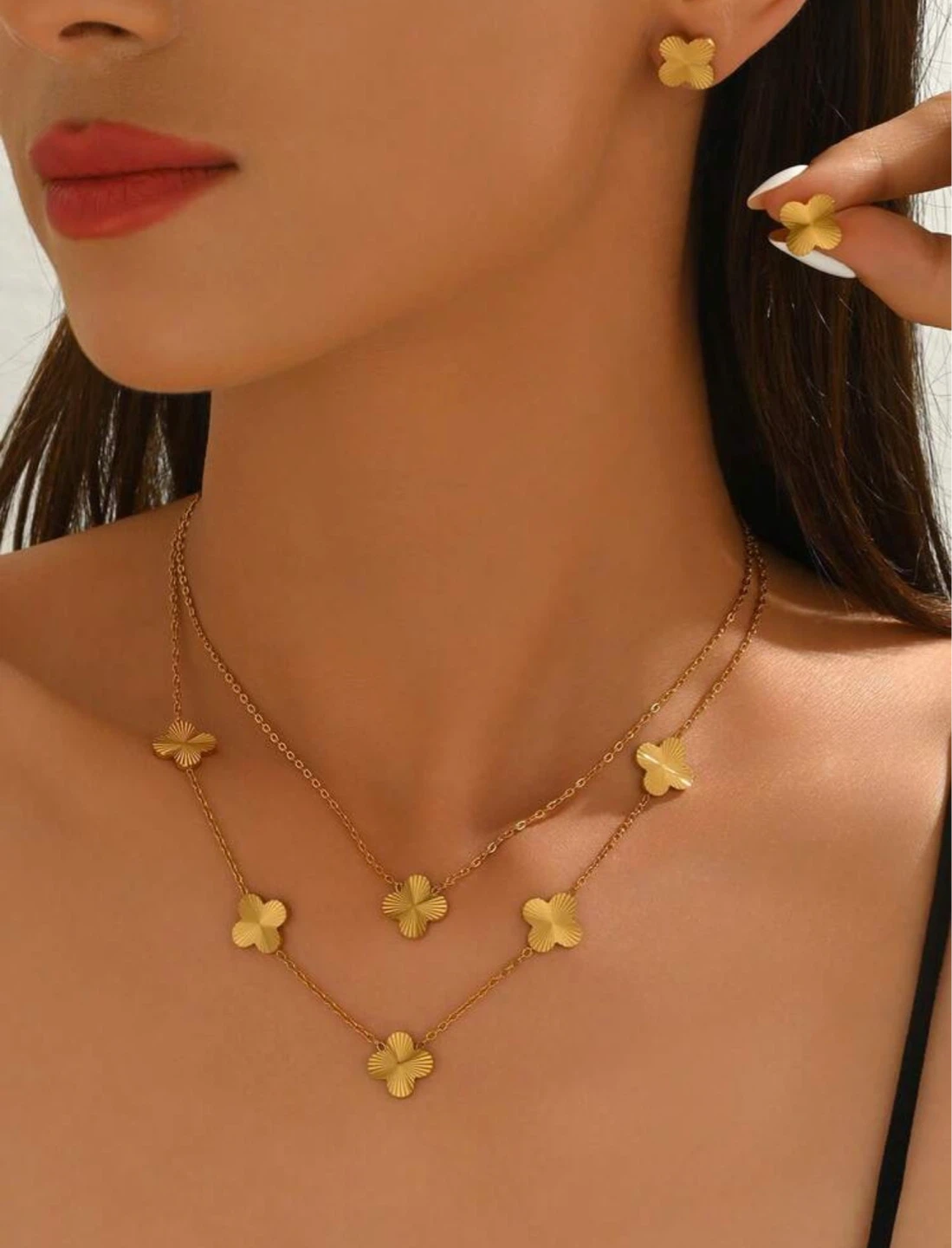 Gold Clover Necklace Bracelet and Earrings 5 piece Set