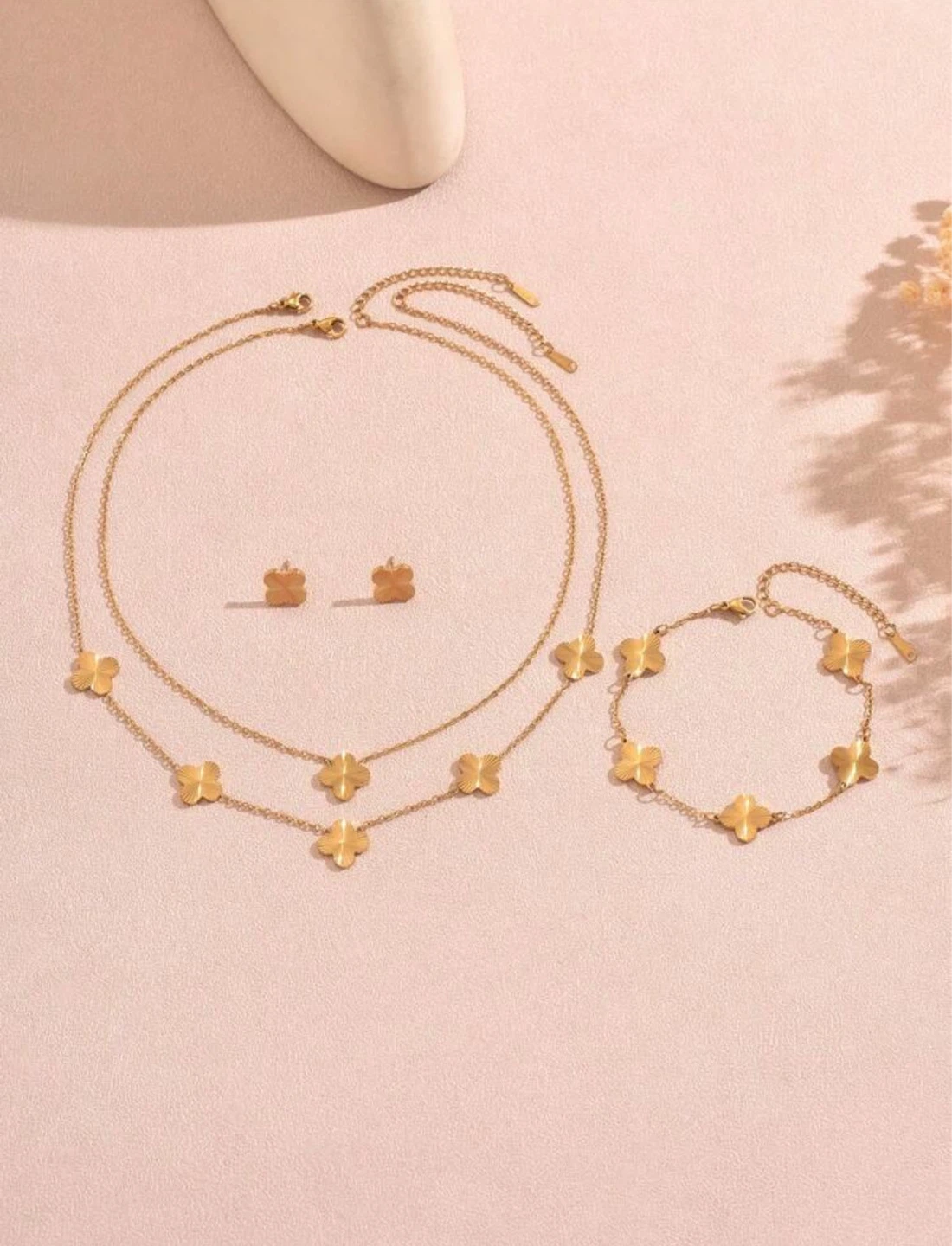 Gold Clover Necklace Bracelet and Earrings 5 piece Set - photo 4
