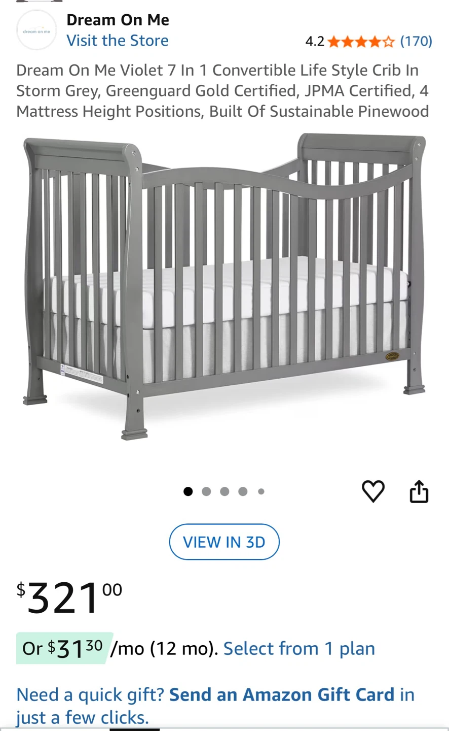 Dream On Me Violet 7 In 1 Convertible Crib +Baby Crib Mattress