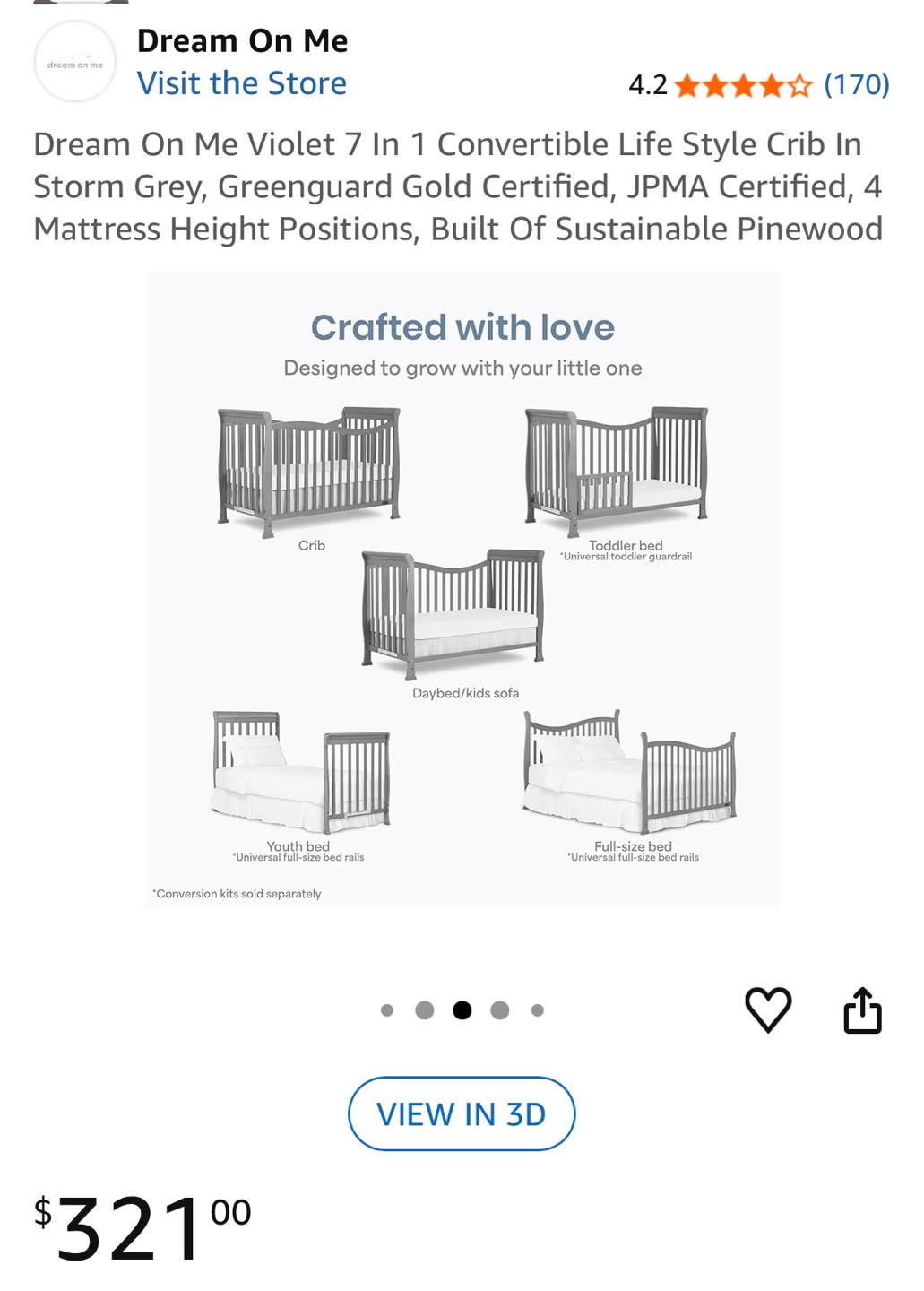Dream On Me Violet 7 In 1 Convertible Crib +Baby Crib Mattress - photo 2