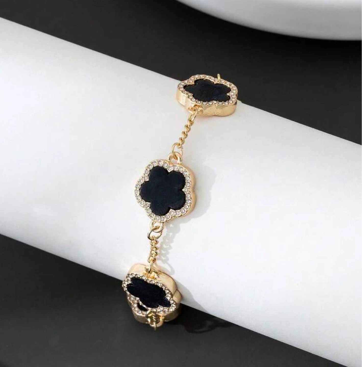 Gold Tone Black Clover Charm Bracelet