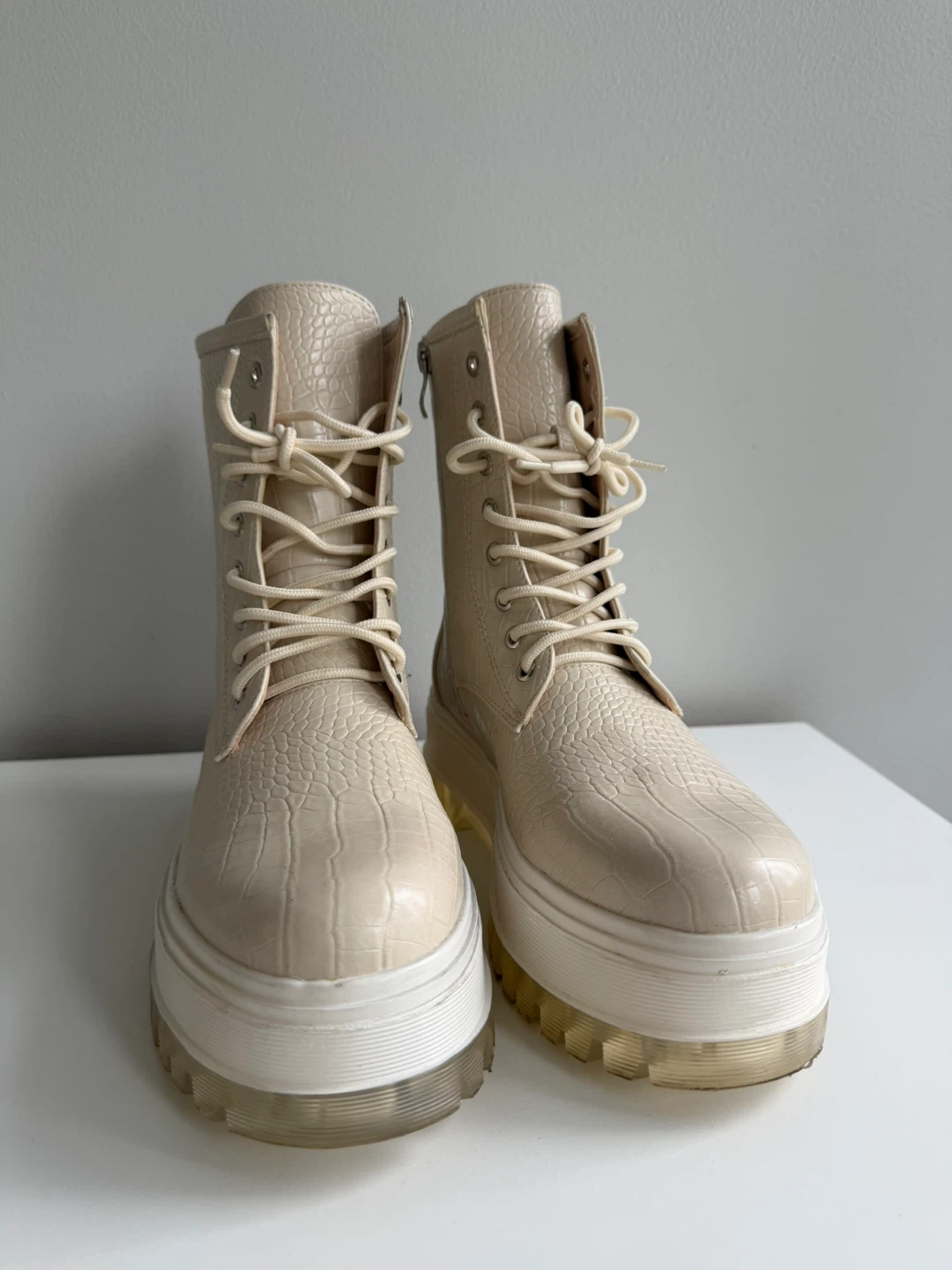 Cream Crocodile Embossed Platform Combat Boots - photo 2