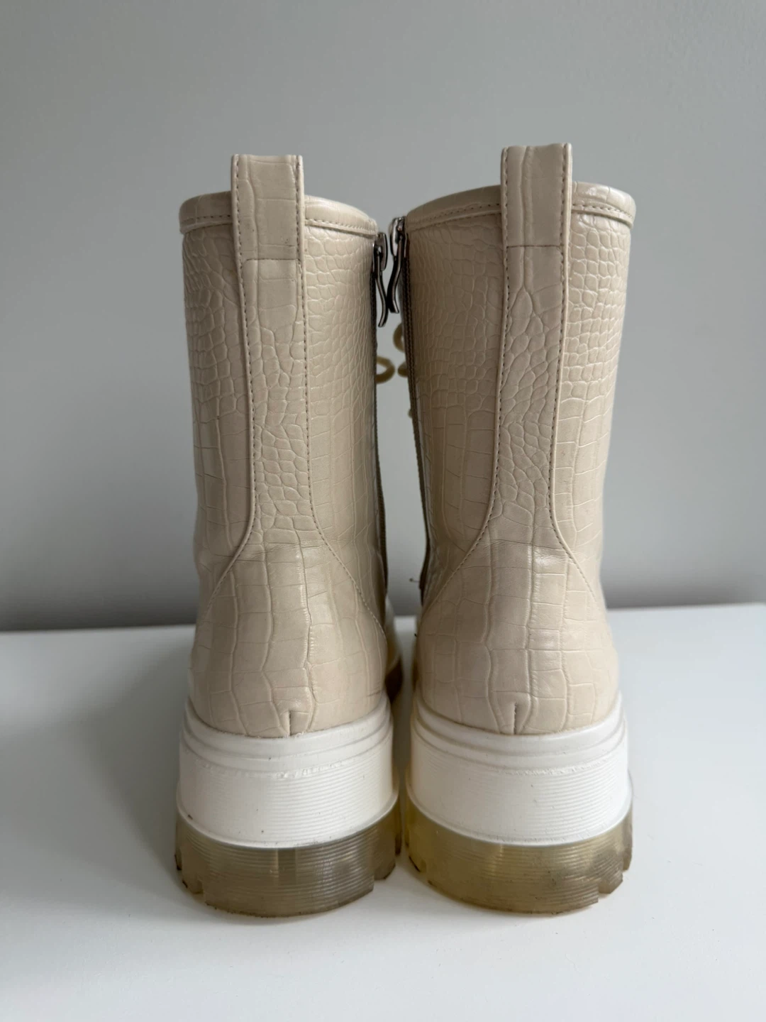 Cream Crocodile Embossed Platform Combat Boots - photo 4