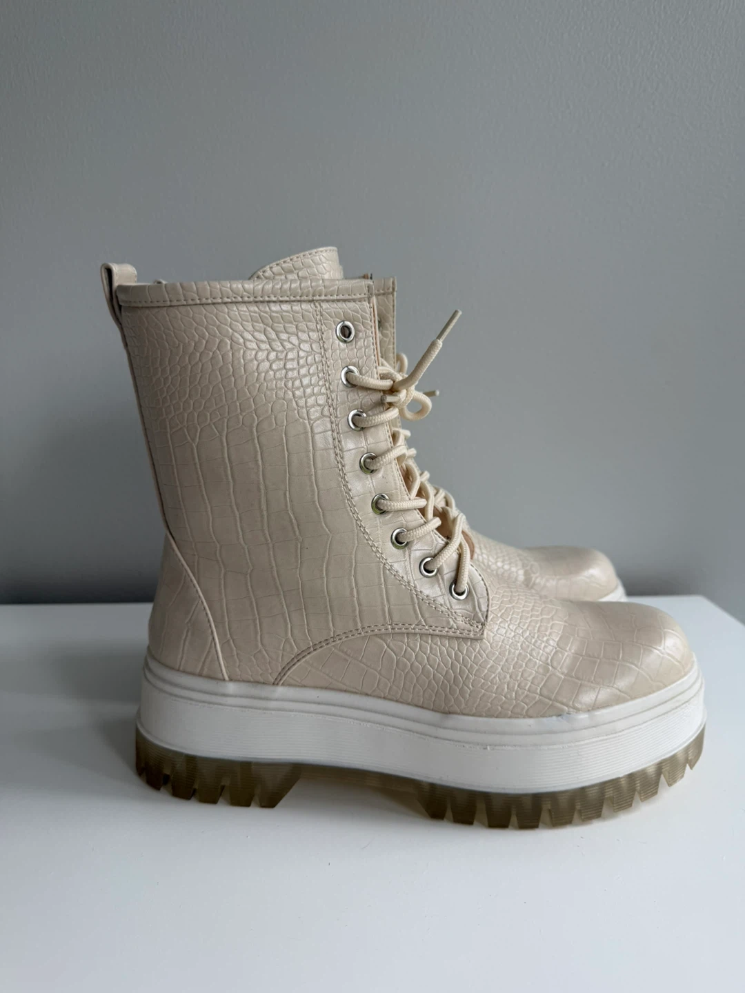 Cream Crocodile Embossed Platform Combat Boots - photo 3