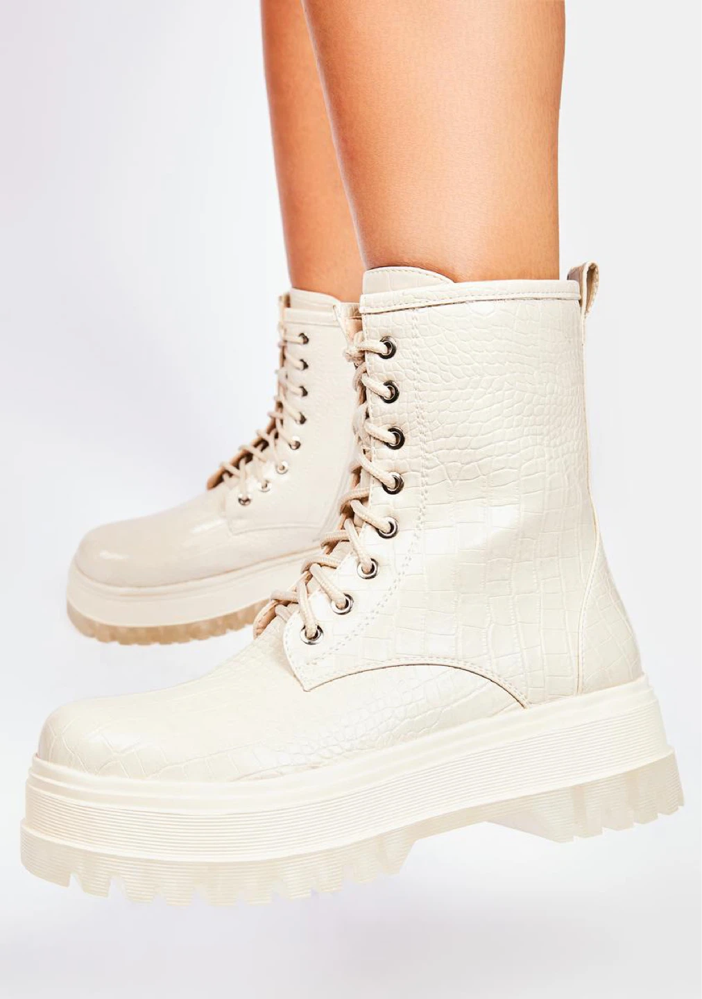 Cream Crocodile Embossed Platform Combat Boots