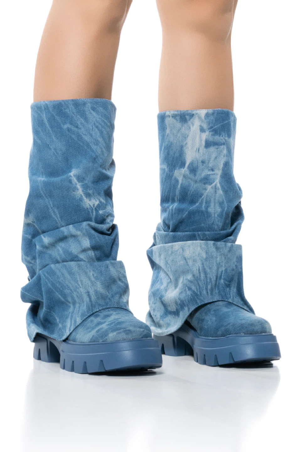 Blue Denim Ruched Slouch Boots
