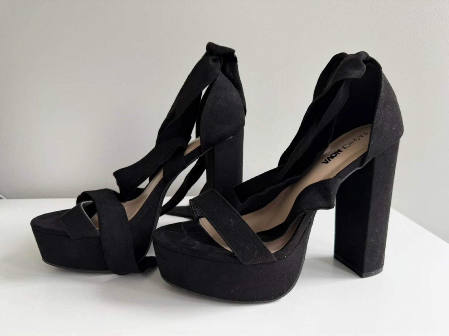 Fashion Nova Black Suede Platform Lace-Up Heels