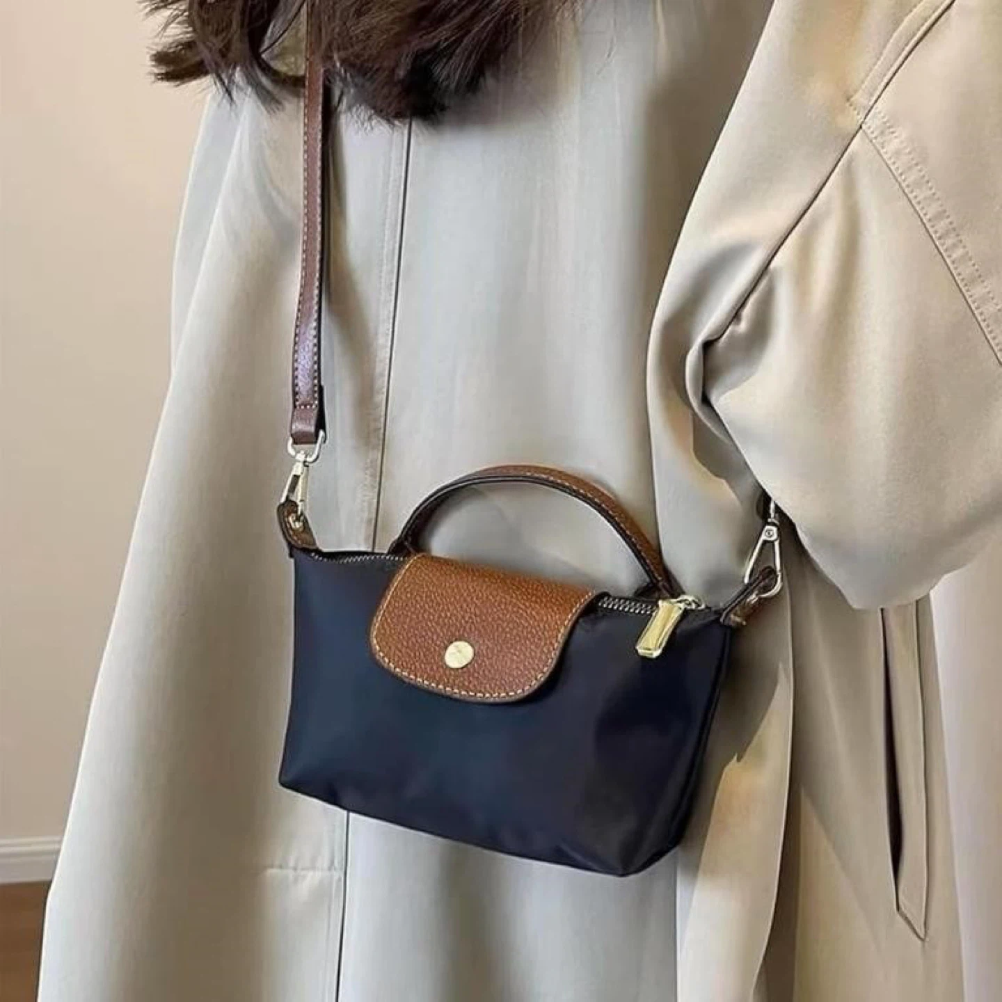 New Black Nylon & Brown Leather Crossbody Bag