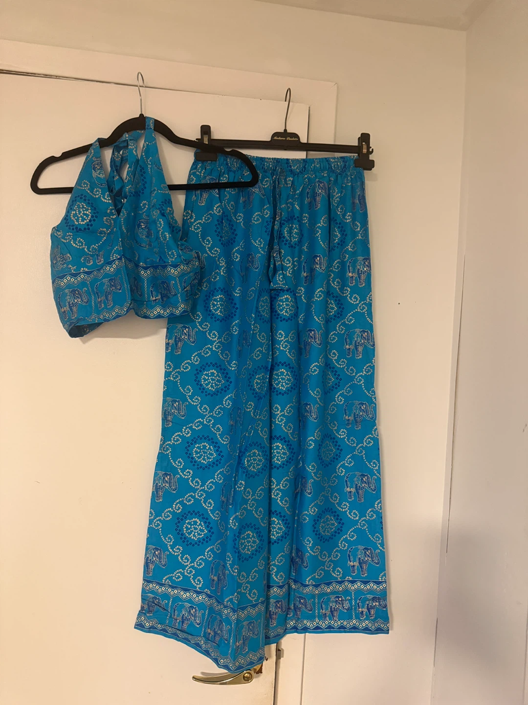 Turquoise Elephant Print Halter Top and Palazzo Pants Set