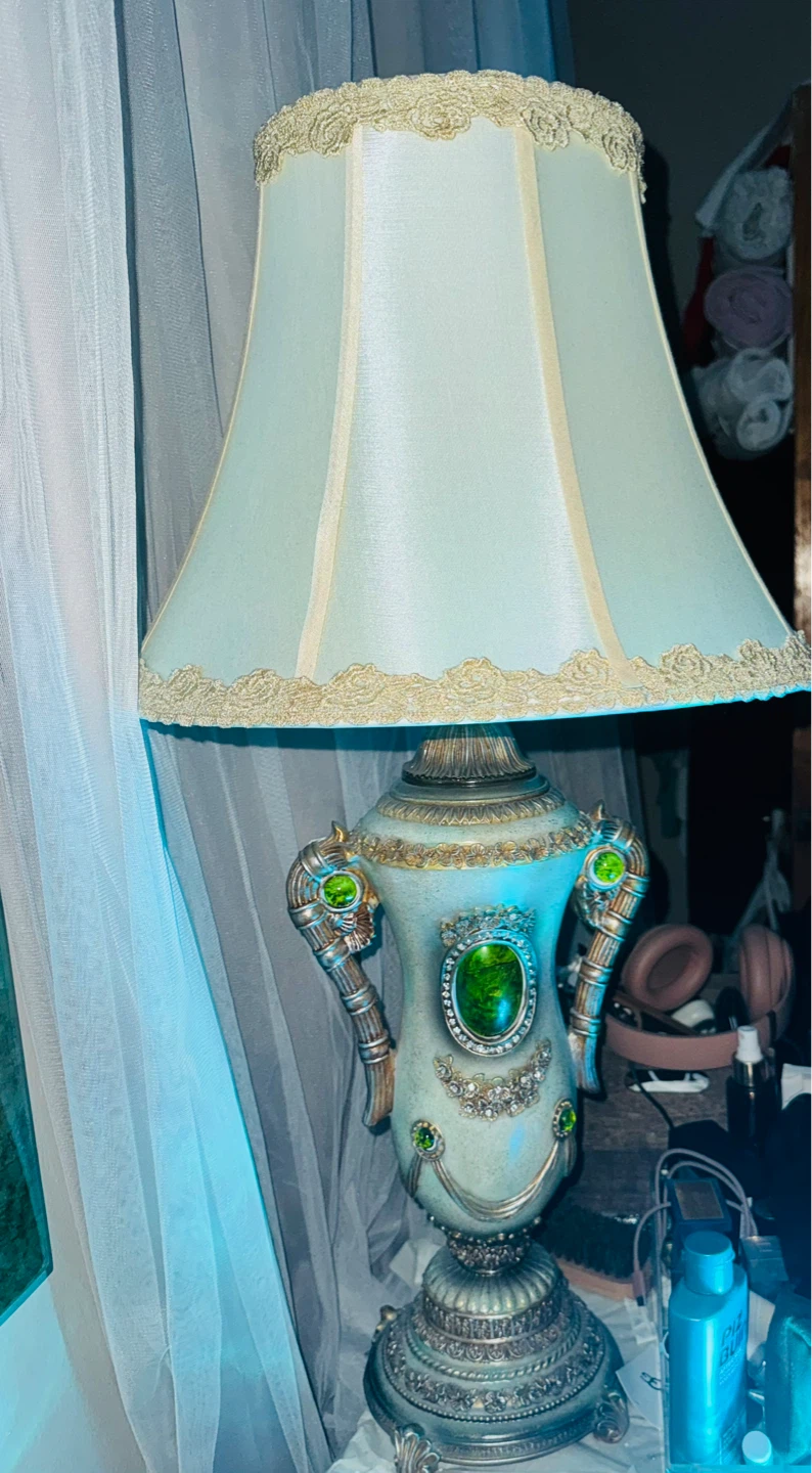 Vintage Style Decorative Table Lamp with Green Gem Accents