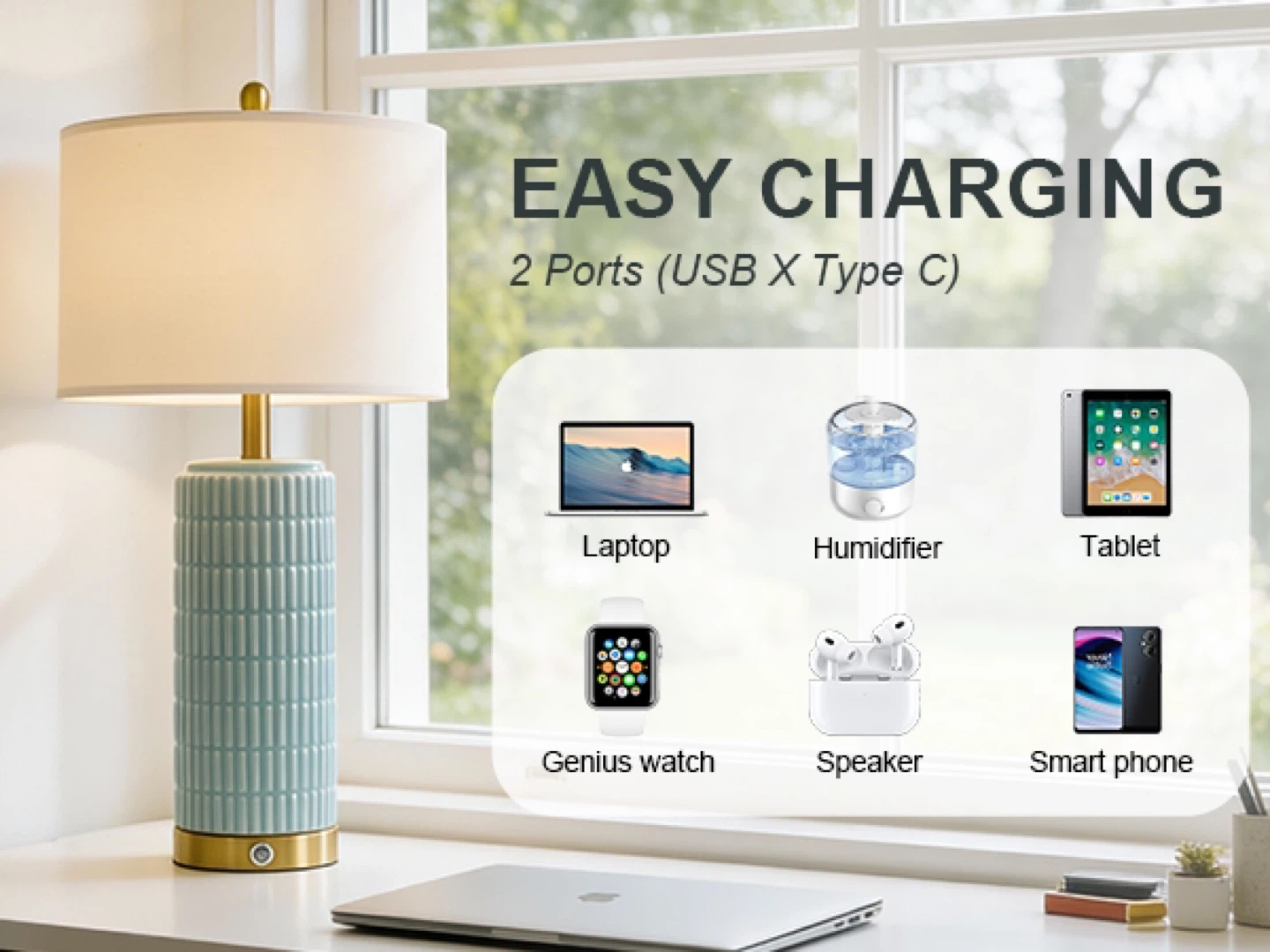Set of 2 Ceramic Table Lamps with Built-in USB Charging Ports - photo 3