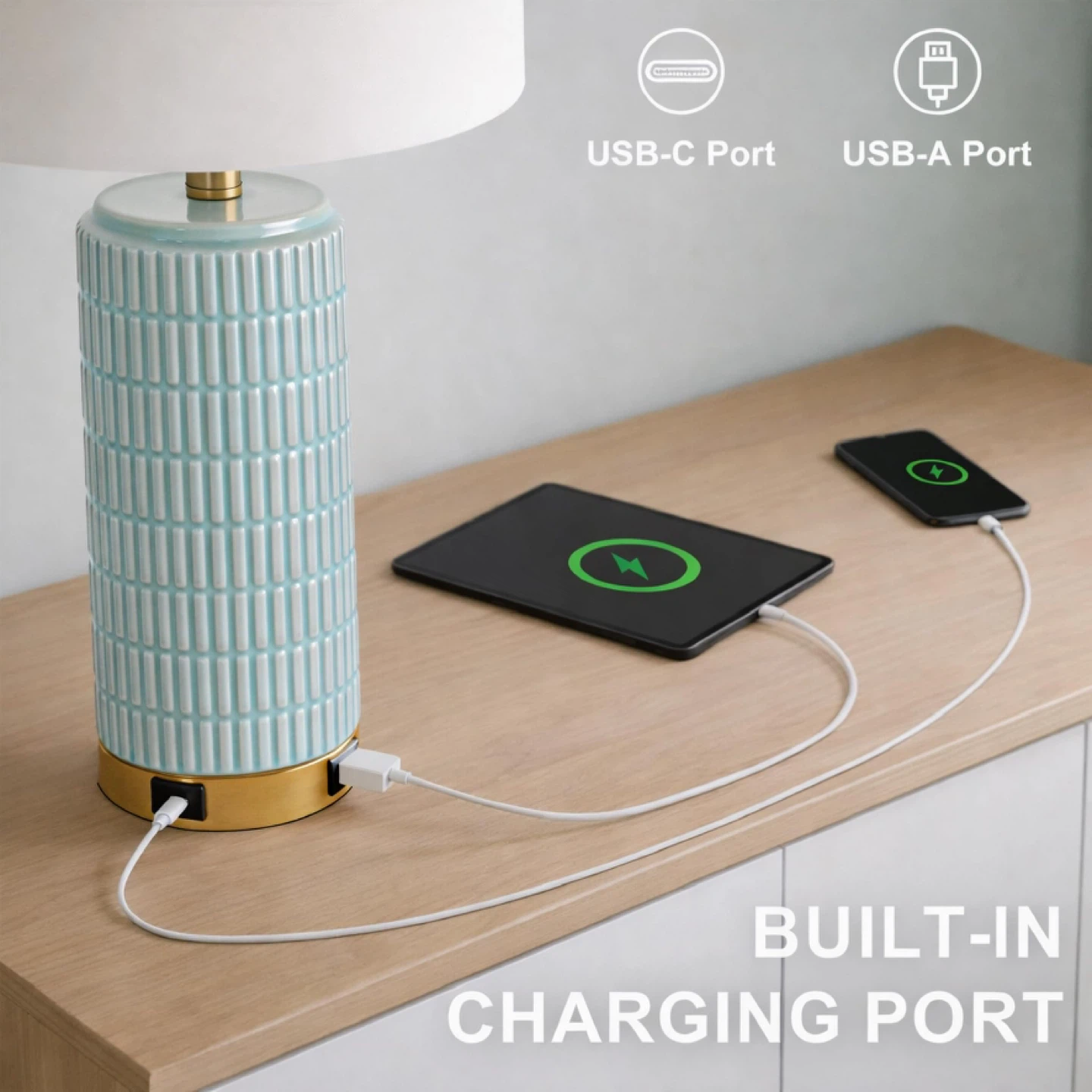 Set of 2 Ceramic Table Lamps with Built-in USB Charging Ports - photo 5