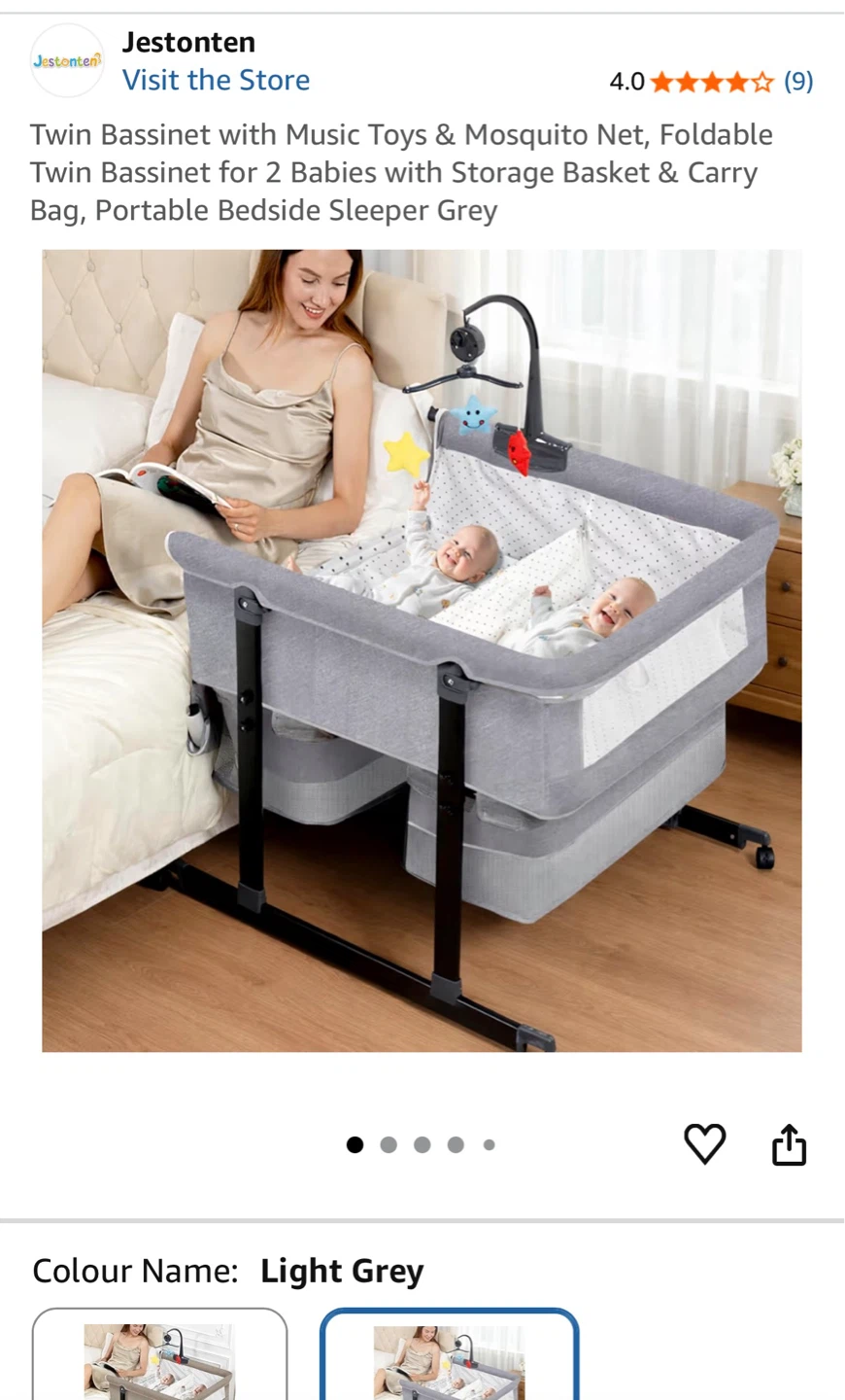 🌱 Twin Bassinet with Music Toys & Mosquito Net - Grey - photo 3
