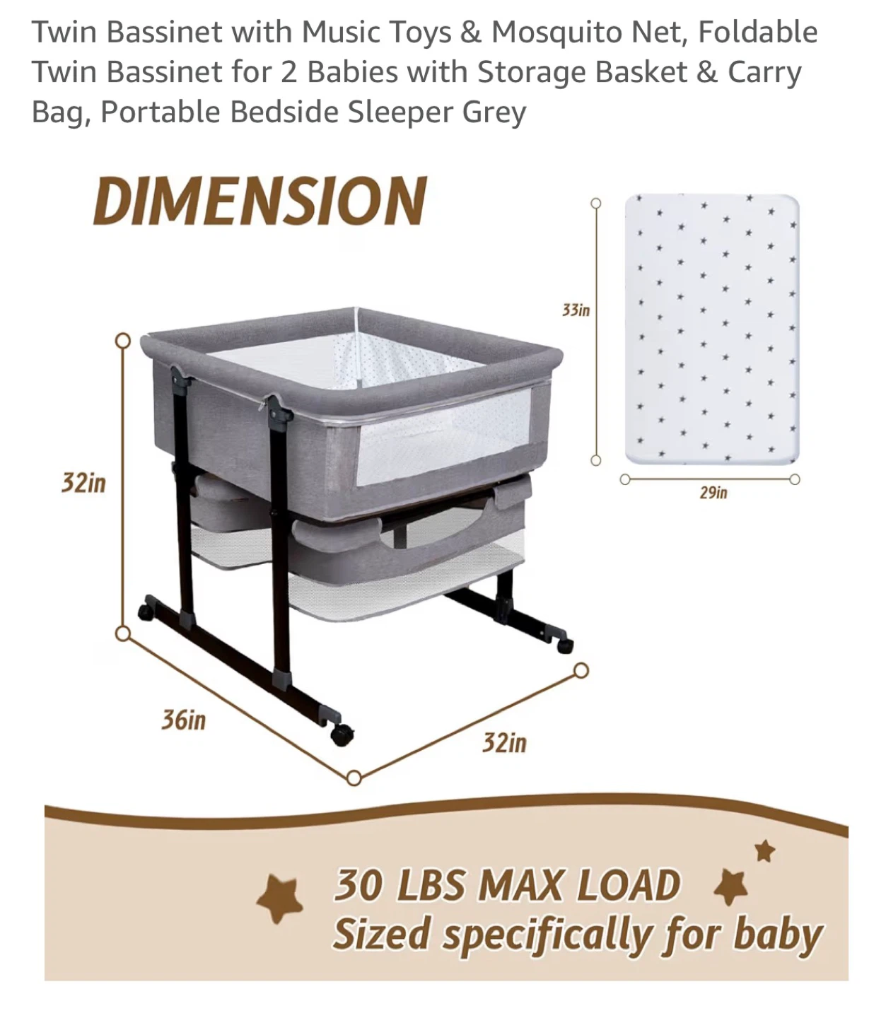 🌱 Twin Bassinet with Music Toys & Mosquito Net - Grey - photo 2