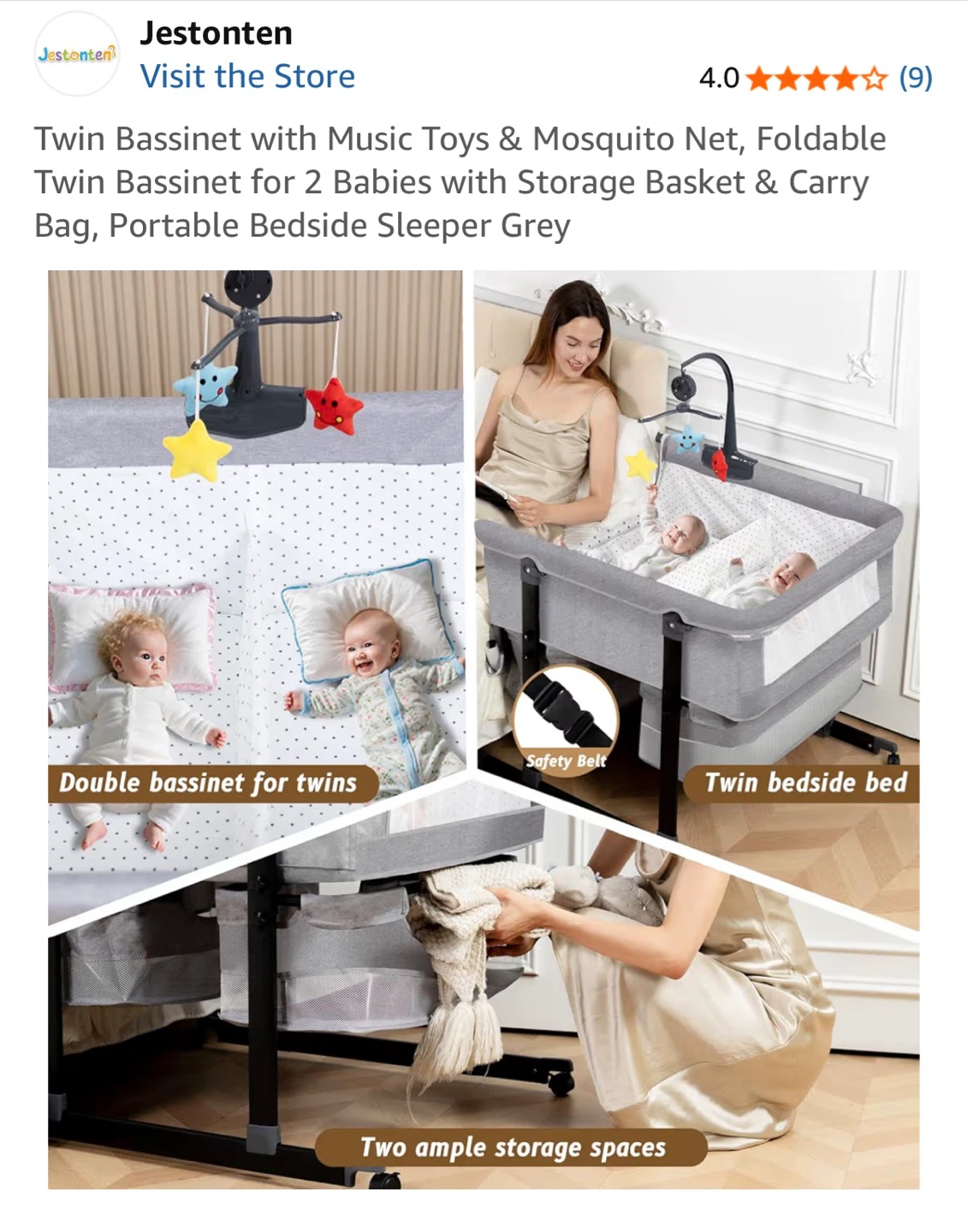 🌱 Twin Bassinet with Music Toys & Mosquito Net - Grey - photo 4