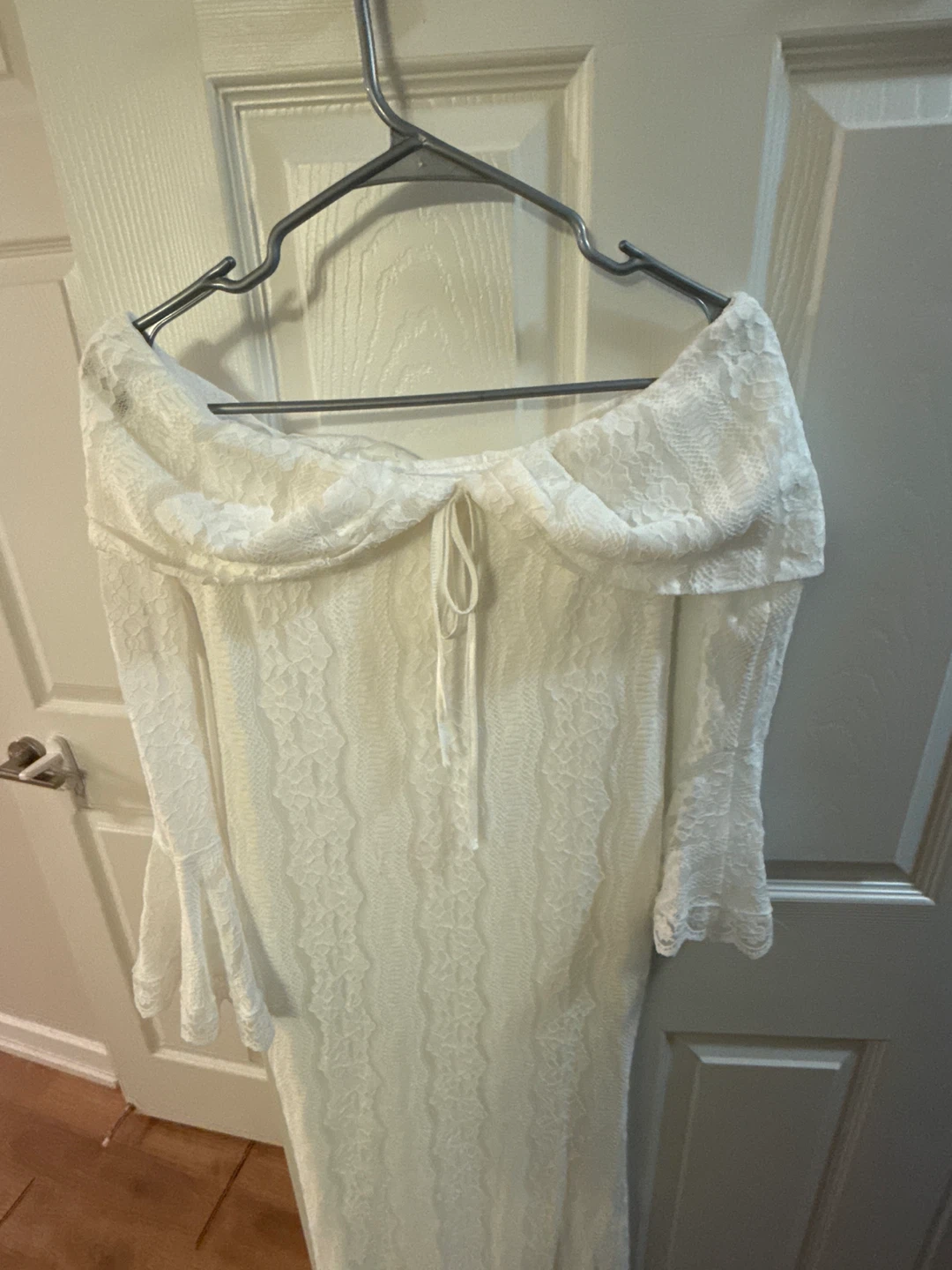 Maternity White Lace Off-the-Shoulder Maxi Dress