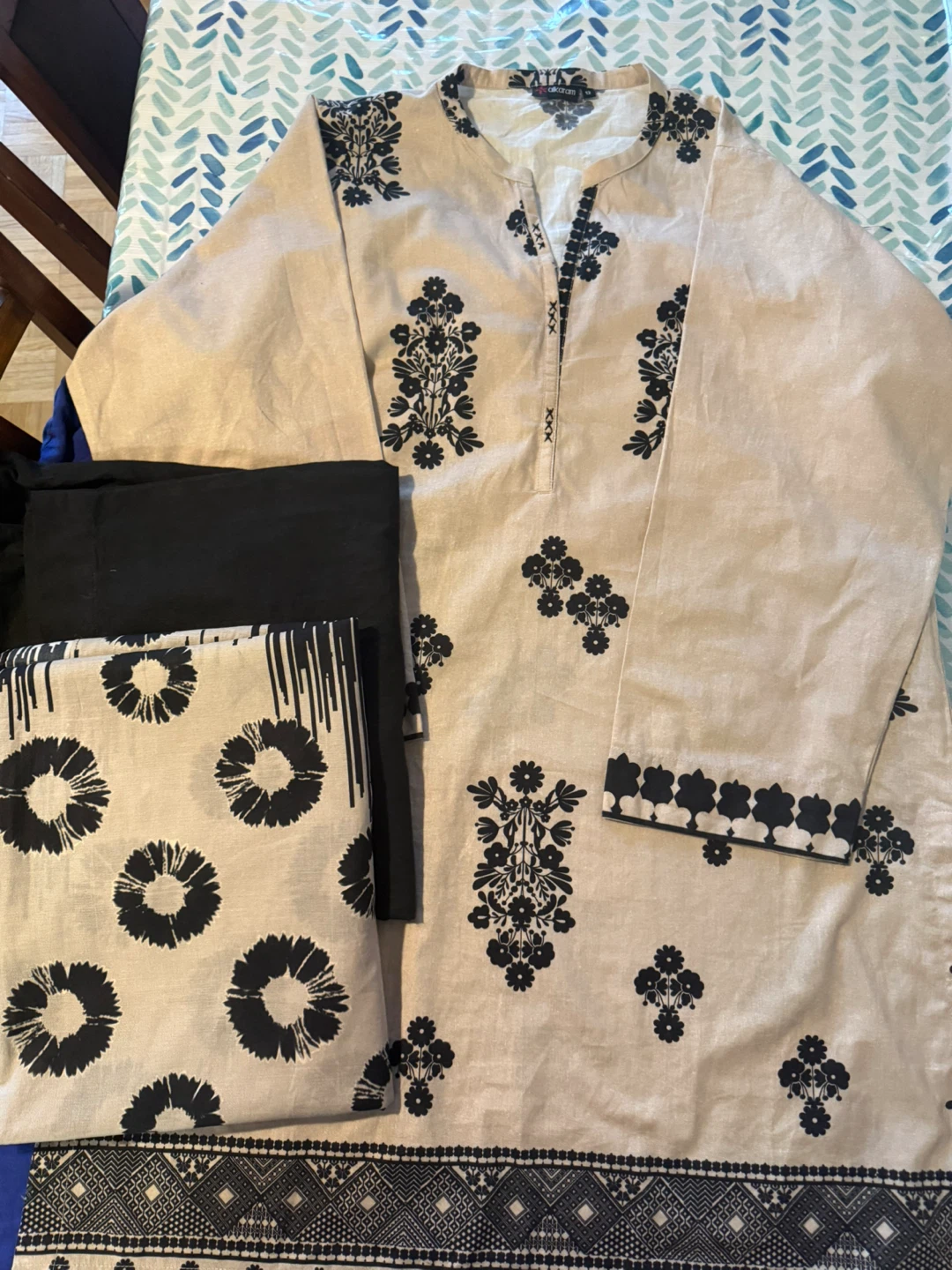 Alkaram Beige & Black Floral Print 2-Piece Suit
