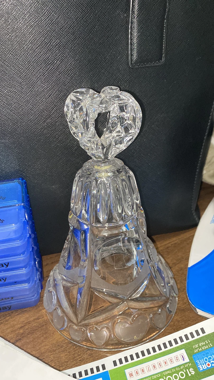 Crystal Glass Bell with Heart Handle. Bell is missing