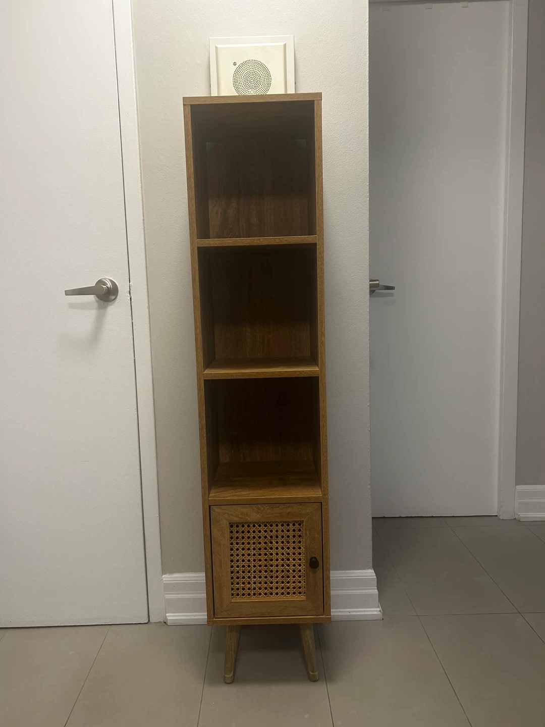 Tall Bookshelf with Rattan Door