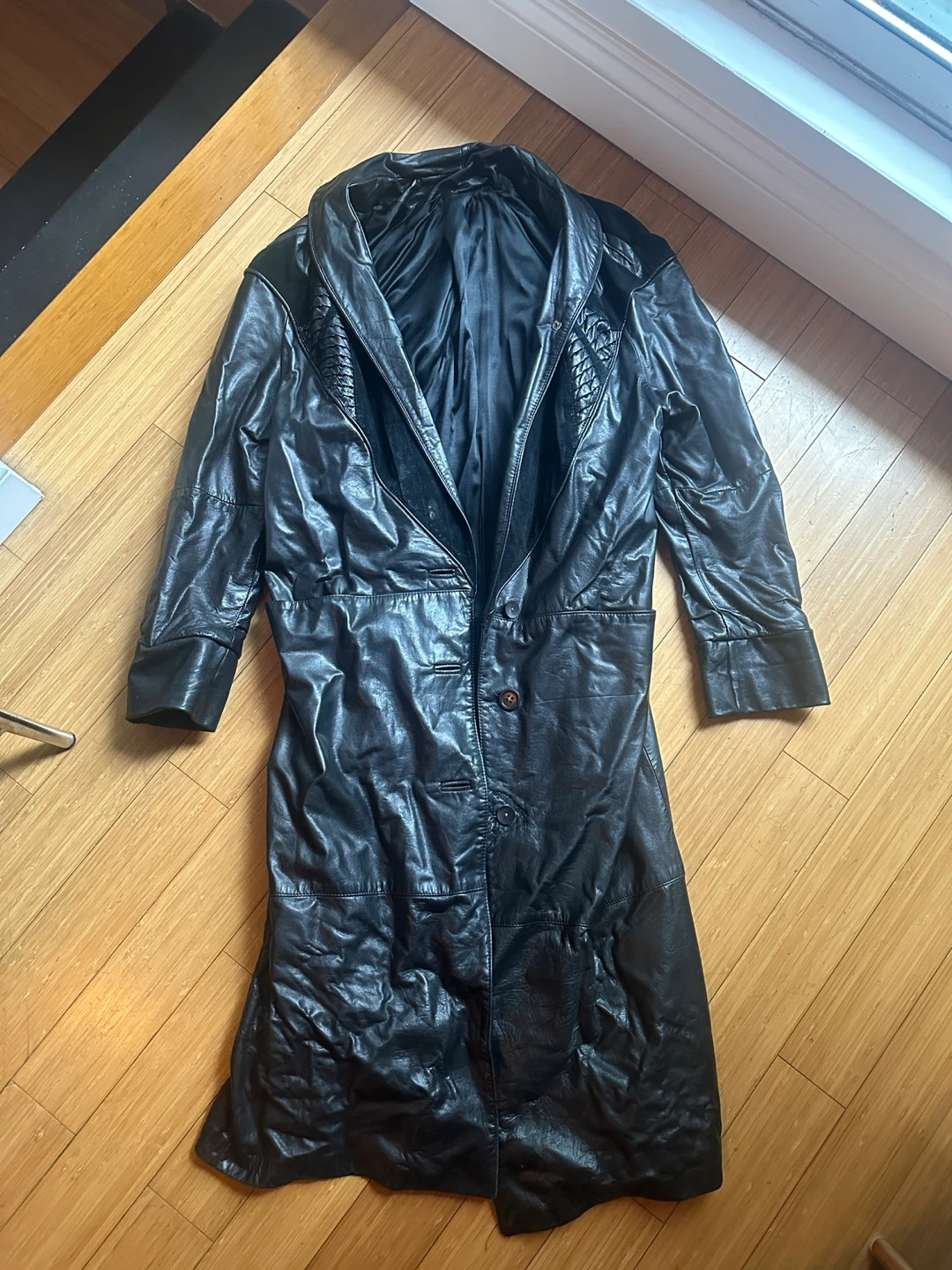 VINTAGE Y2k WOMENS LONG BLACK LEATHER TRENCH OVER COAT - photo 2