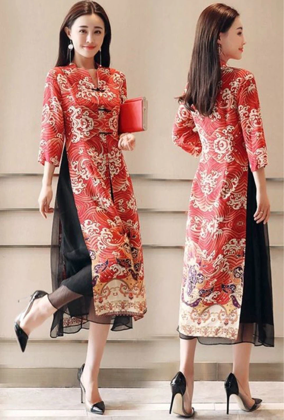 Red Dragon Wave Cheongsam Dress