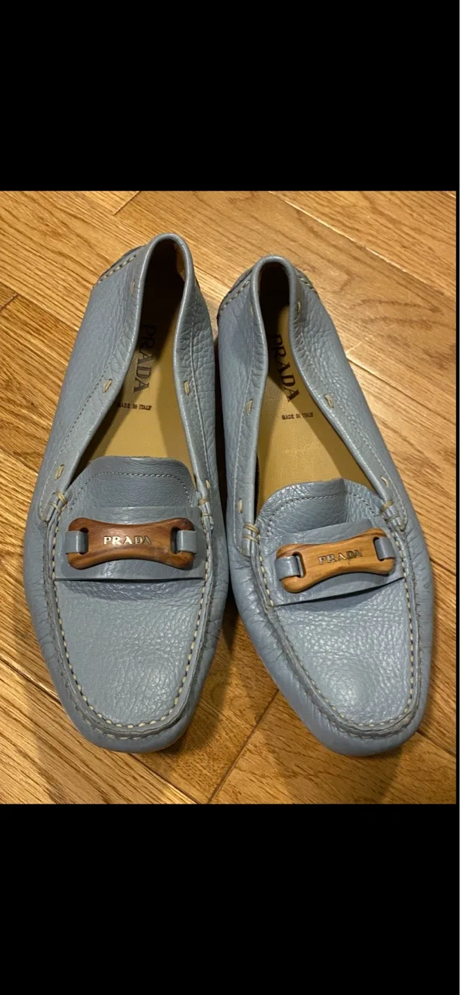 Prada Light Blue Leather Driving Loafers with Wood Detail