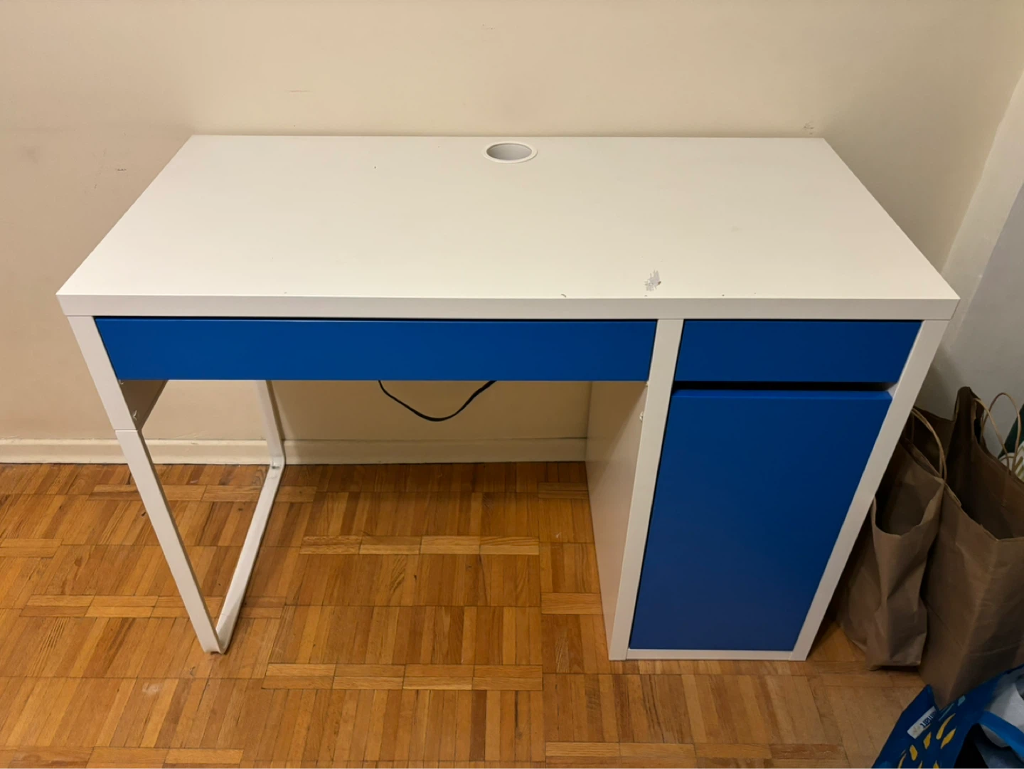 IKEA White and Blue Desk with Drawer and Cabinet