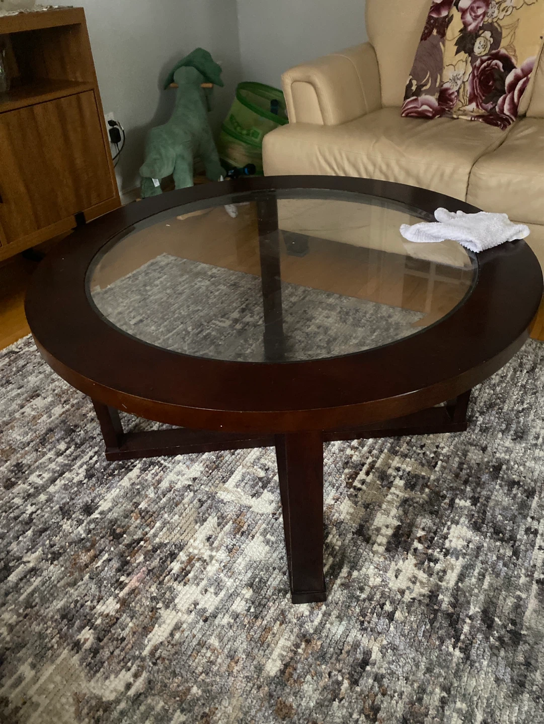 Round Wood Coffee Table with Glass Top