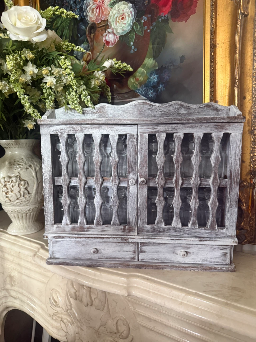 Vintage Wooden Spice Rack with Glass Jars