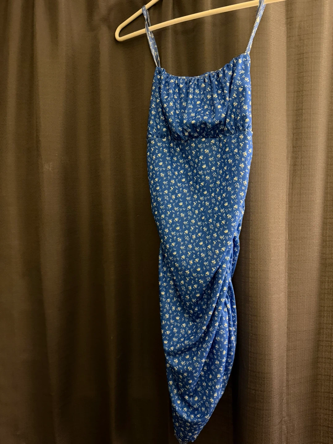 SHEIN Blue Floral Print Ruched Midi Dress Size M