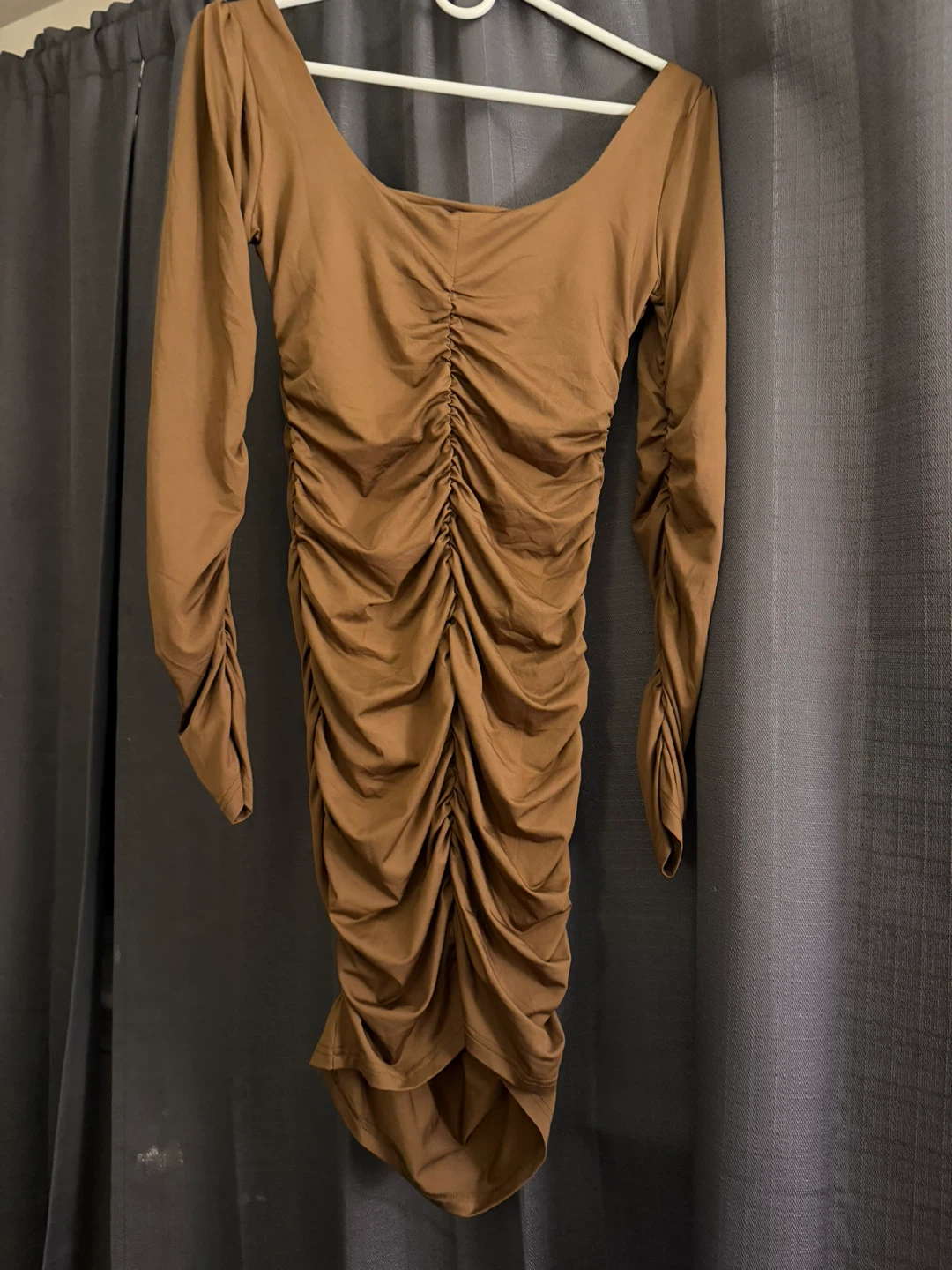 Brown Ruched Long Sleeve Dress - Size M - photo 2