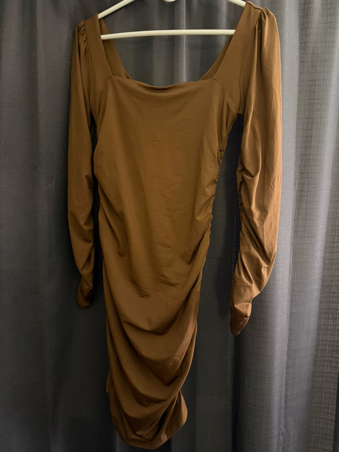 Brown Ruched Long Sleeve Dress - Size M
