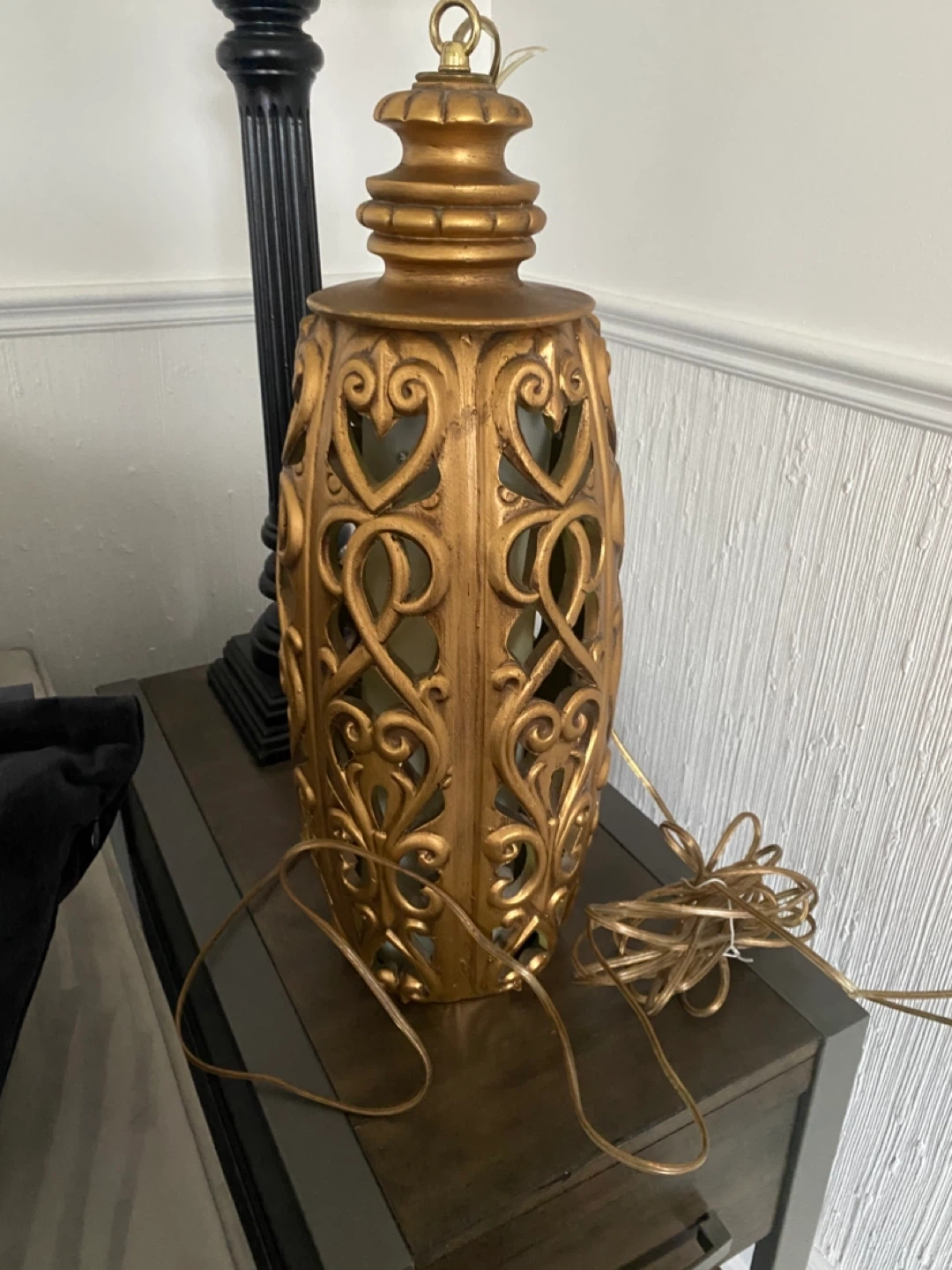 Vintage MCM Gold Ornate Hanging Chain Lamp