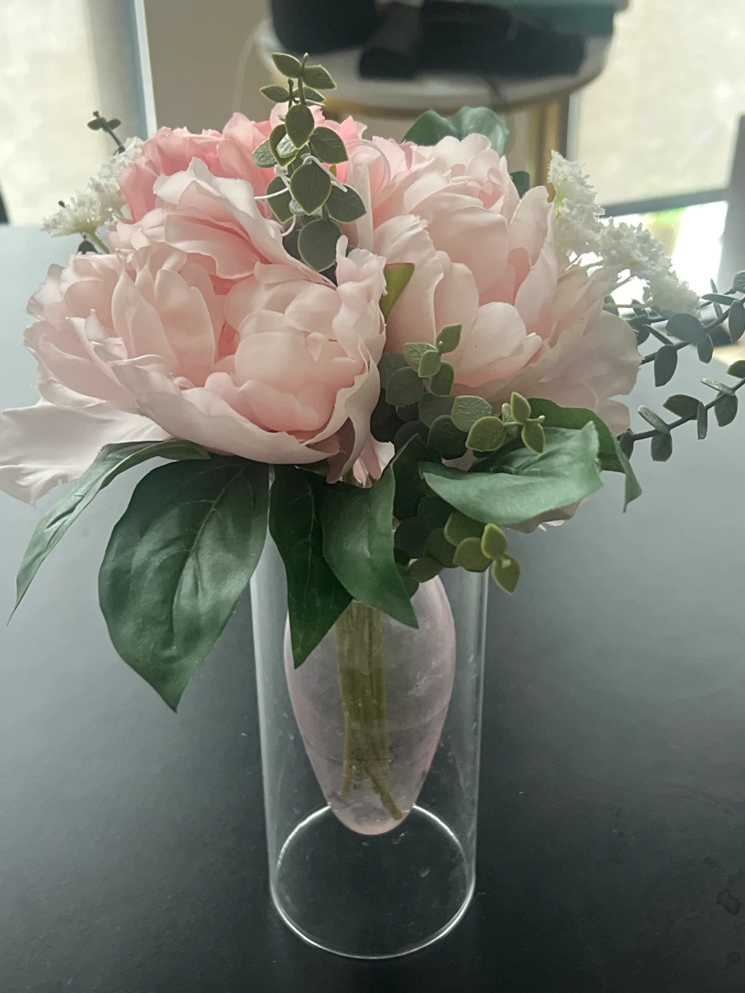 Artificial Pink Peony Flower Arrangement with Glass Vase