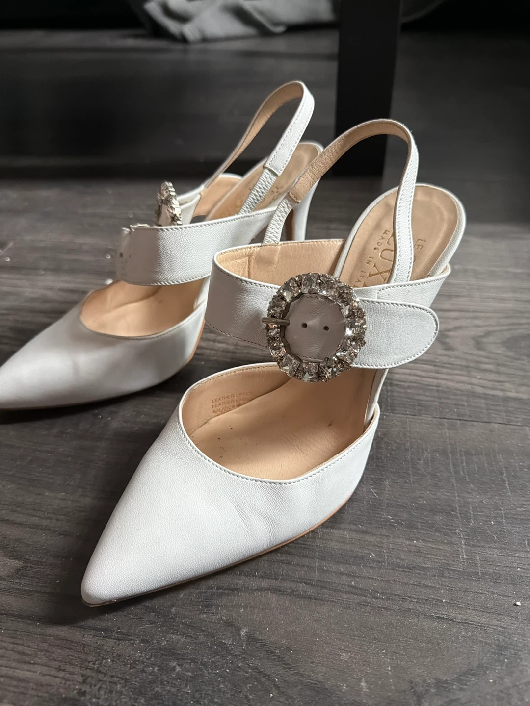 White Leather Heels with Crystal Buckle