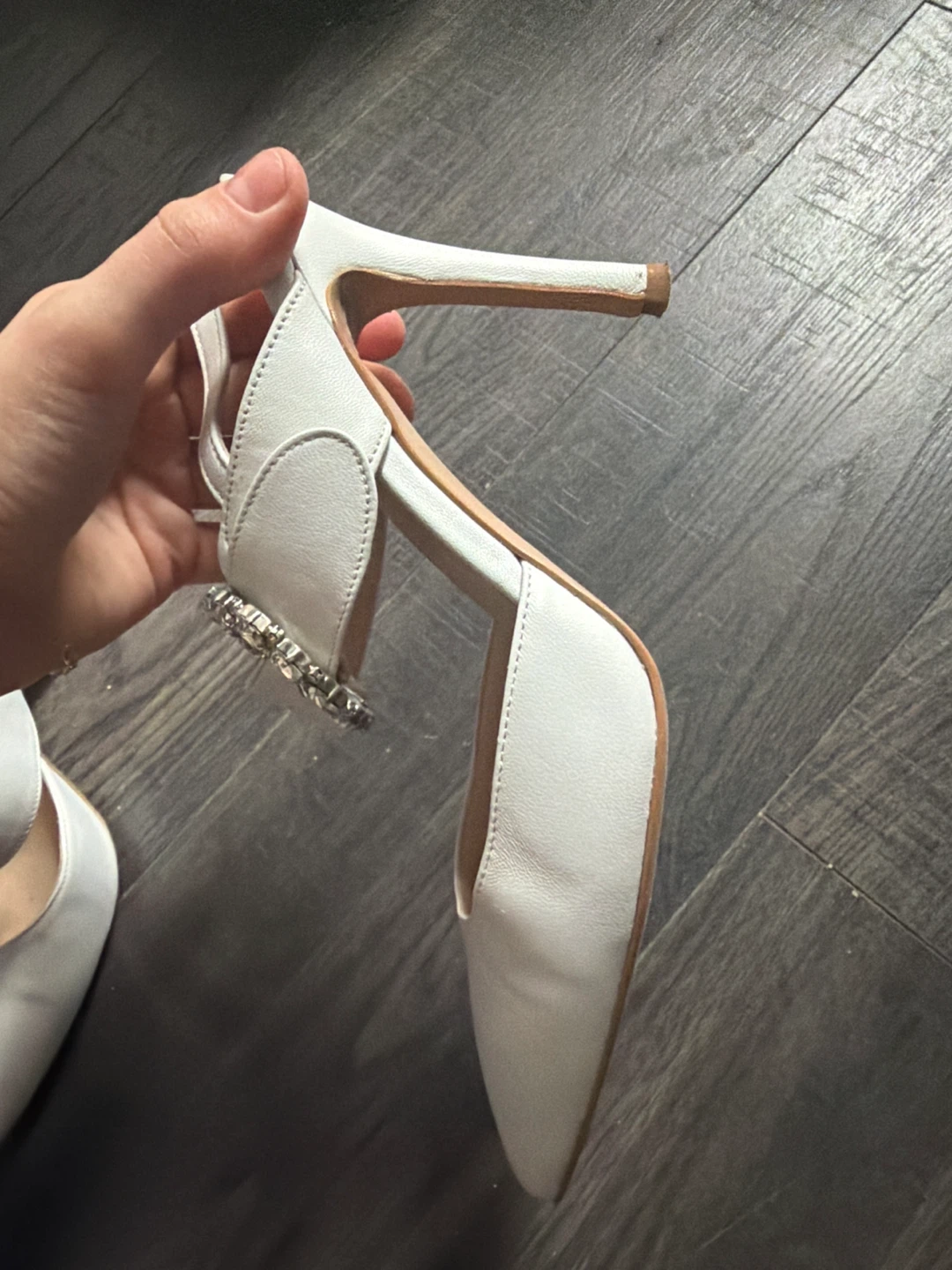 White Leather Heels with Crystal Buckle - photo 2
