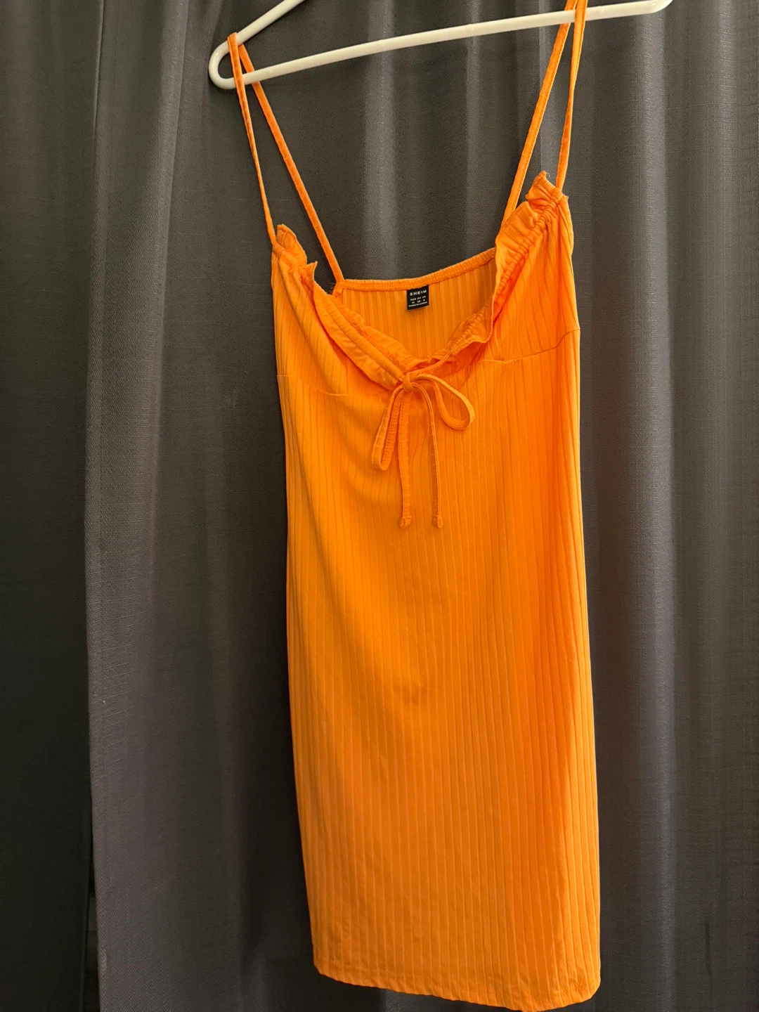 SHEIN Orange Ribbed Mini Dress with Tie Front