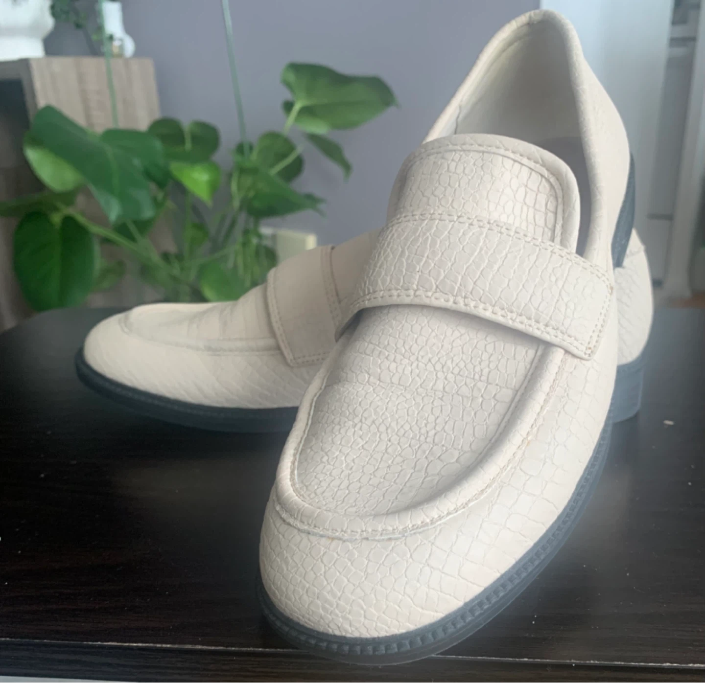 Cream Textured Loafer Shoes