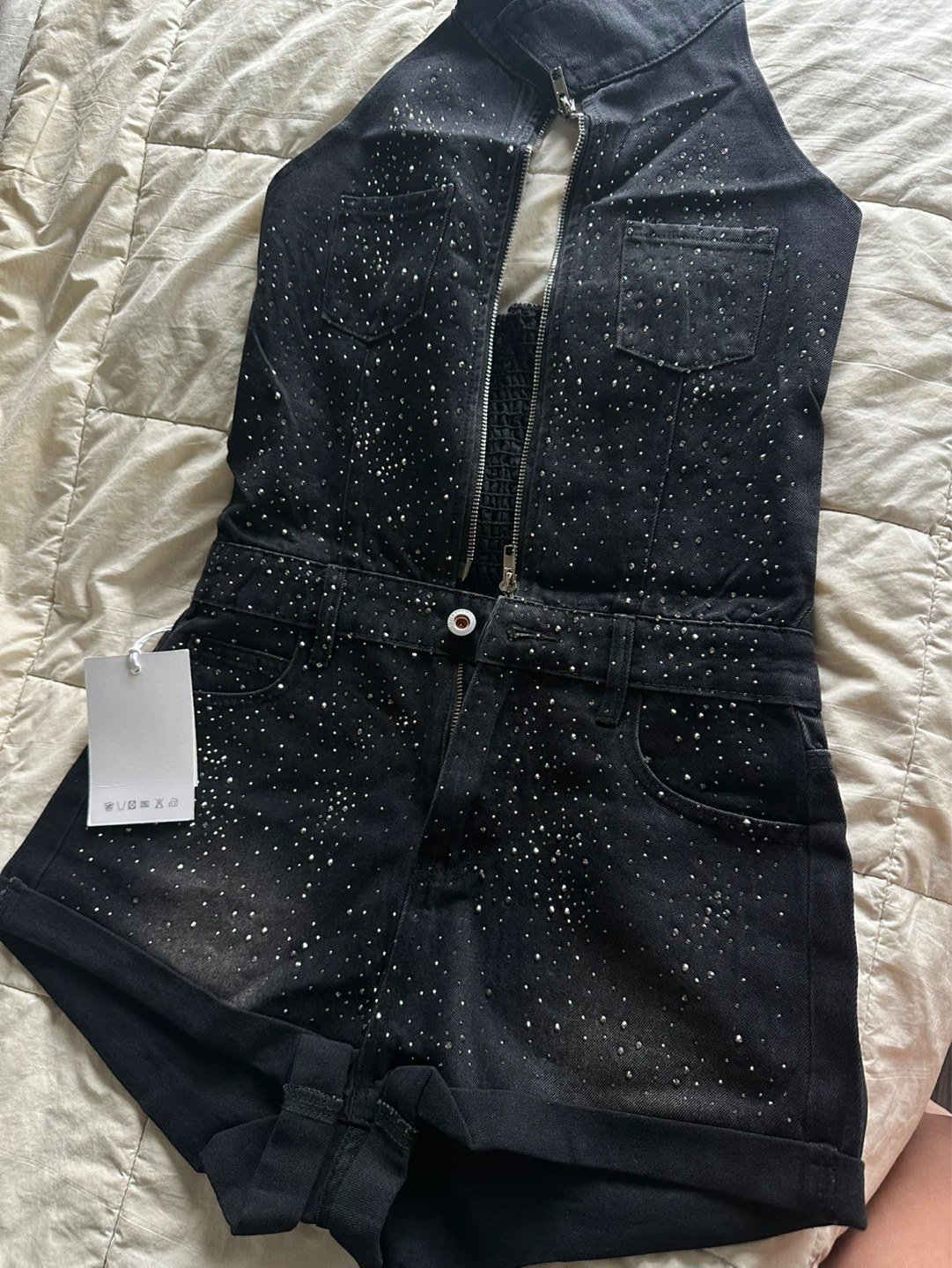 Black Denim Embellished Halter Romper - photo 5