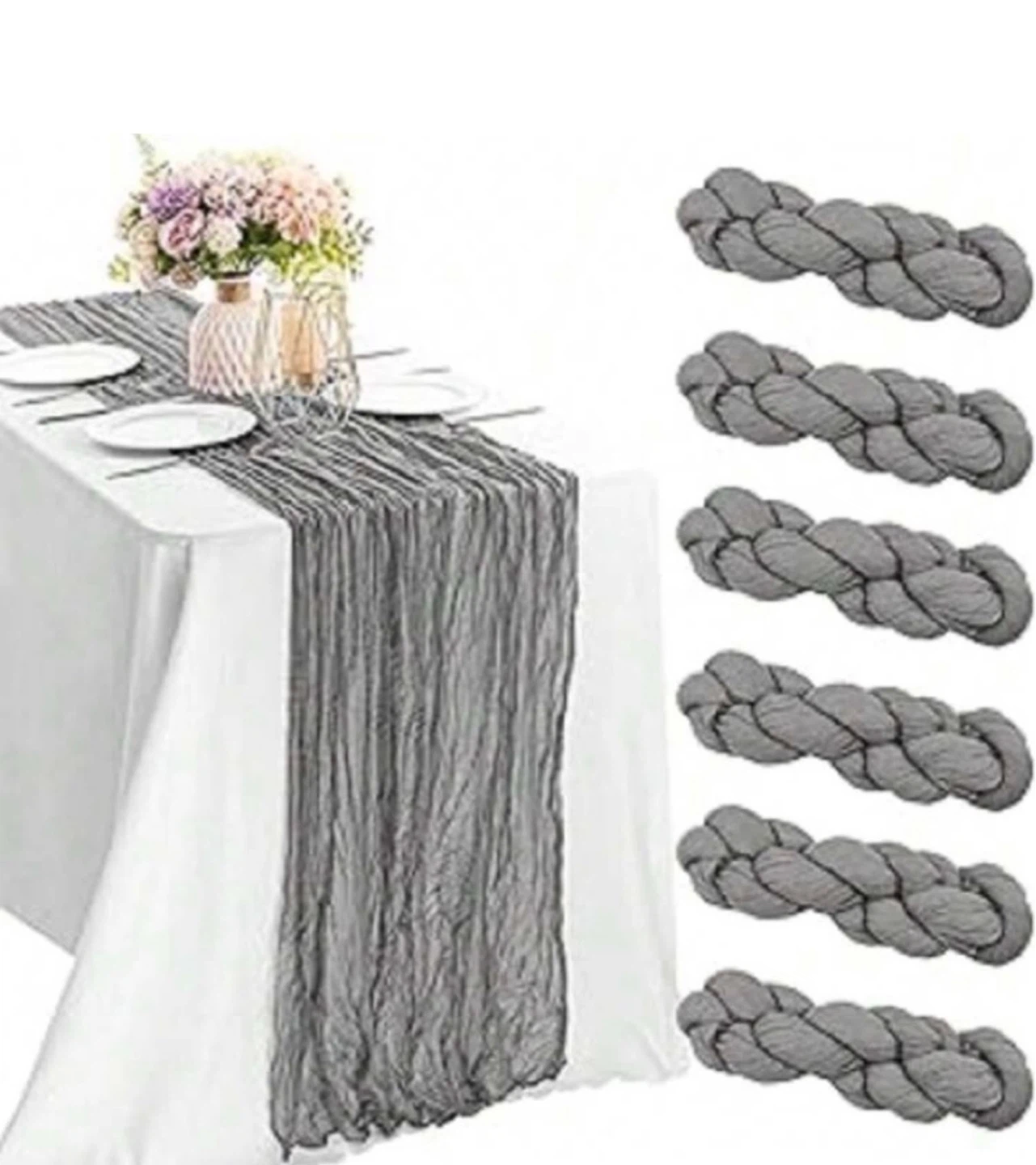 Elegant Gray Crinkle Ruffle Table Runner Set
