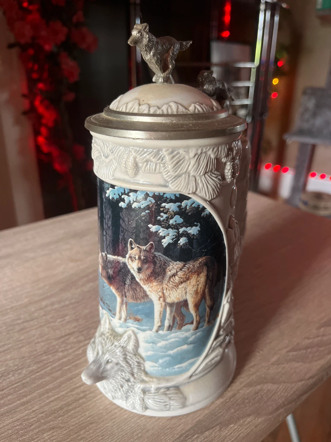 Wolf Scene Ceramic Stein with Pewter Lid