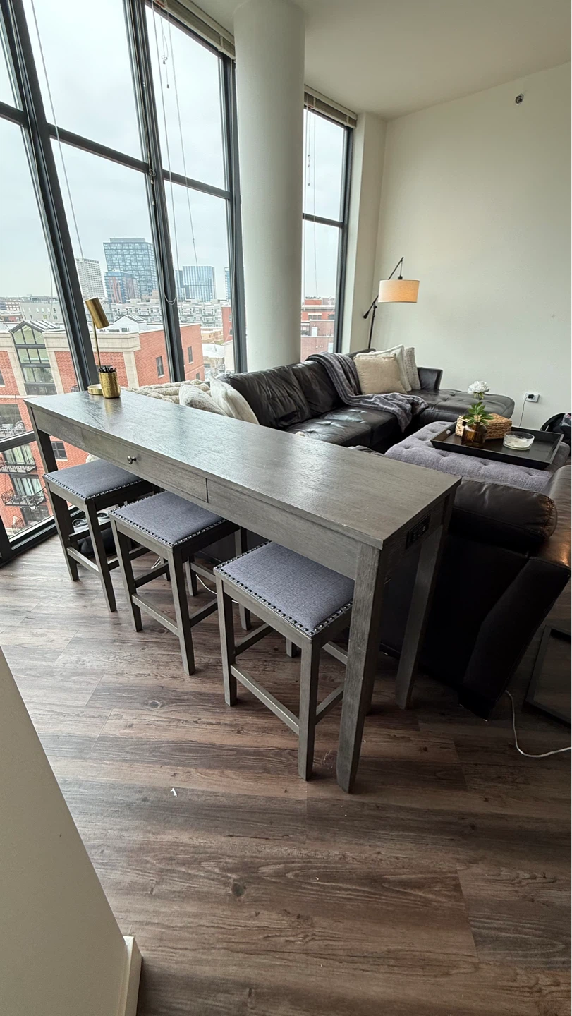 Gray Console Table with 3 Stools